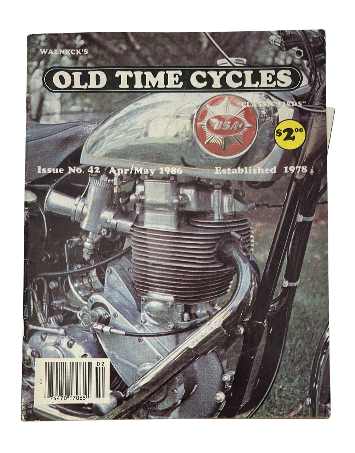 Cover of Old Time Cycles Magazine April 1986 Issue No. 42 featuring a vintage BSA motorcycle, showcasing the magazine's title and price.