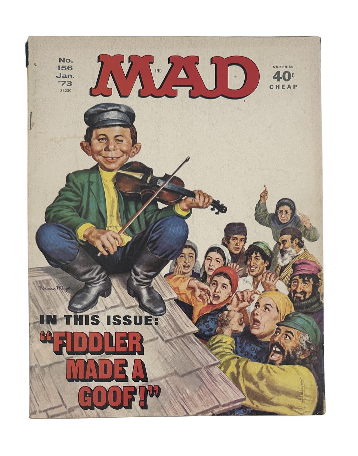 Cover of MAD Magazine No. 156 January 1973 featuring Clodumbo with a violin and crowd below. This issue includes the satire 'Fiddler Made a Goof!'