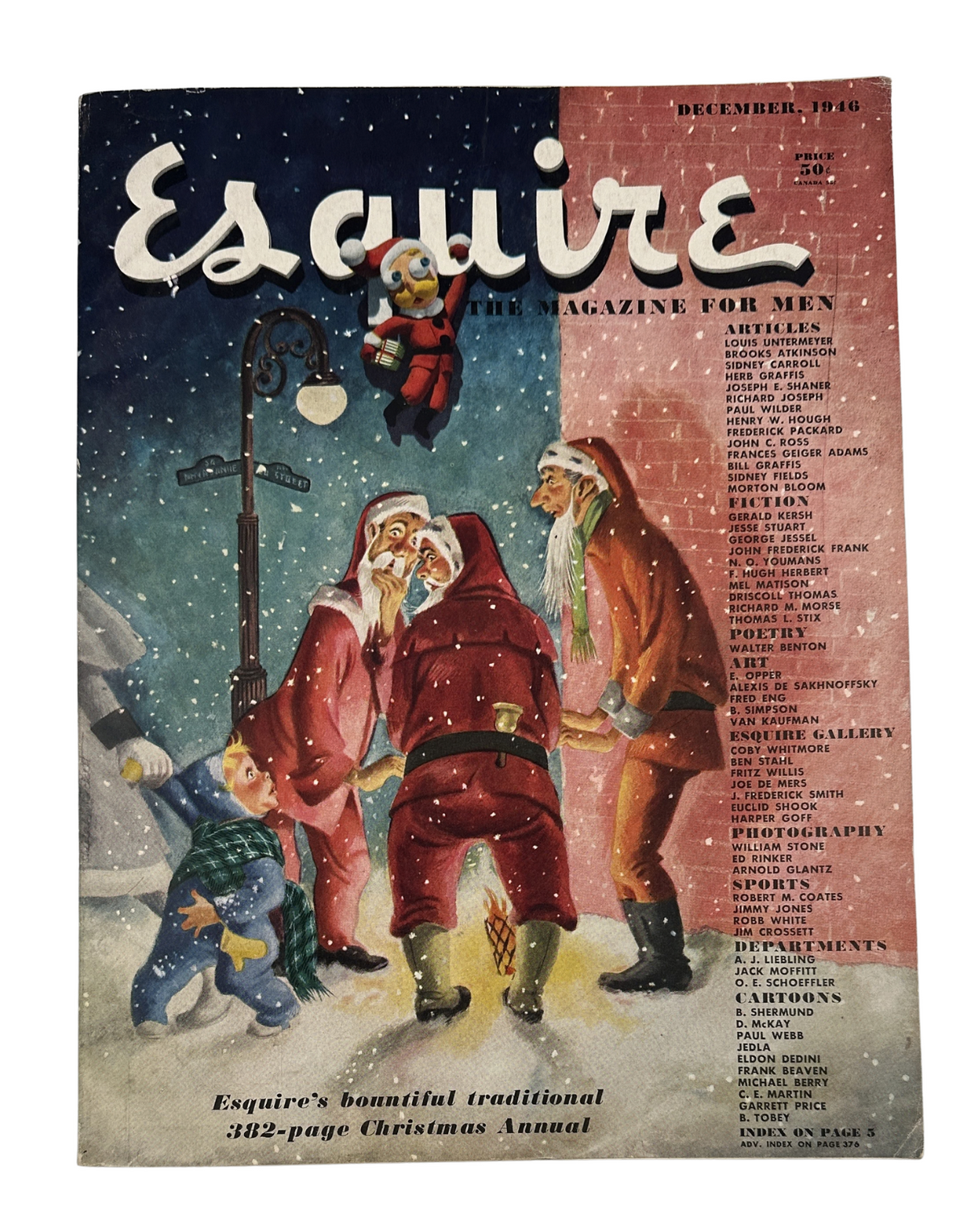 Esquire Magazine December 1946 Christmas Annual Holiday Issue cover featuring festive illustrations of Santa Claus and holiday scenes, showcasing the magazine's traditional 342-page Christmas content.