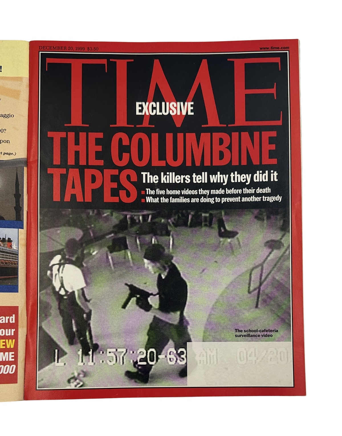 Time Magazine cover from December 20, 1999, featuring 'The Columbine Tapes' Special Report. The cover highlights the story of the killers and their home videos, focusing on the motive behind their actions.