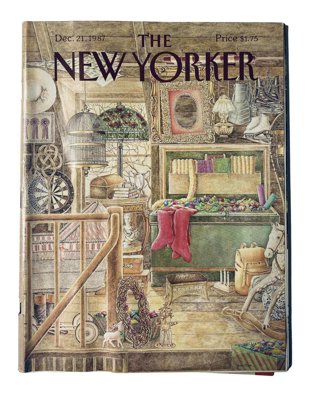 The New Yorker Magazine December 21, 1987 Christmas Interior Cover by J. Oliver, featuring a cozy holiday scene depicted with various decorations, stockings, and a whimsical atmosphere.