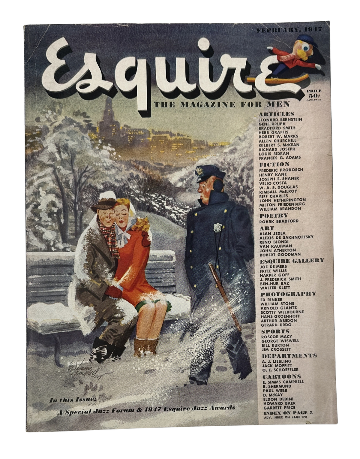 Esquire Magazine February 1947 cover featuring a romantic winter scene with a couple on a park bench and a policeman, highlighting the theme of jazz and culture.