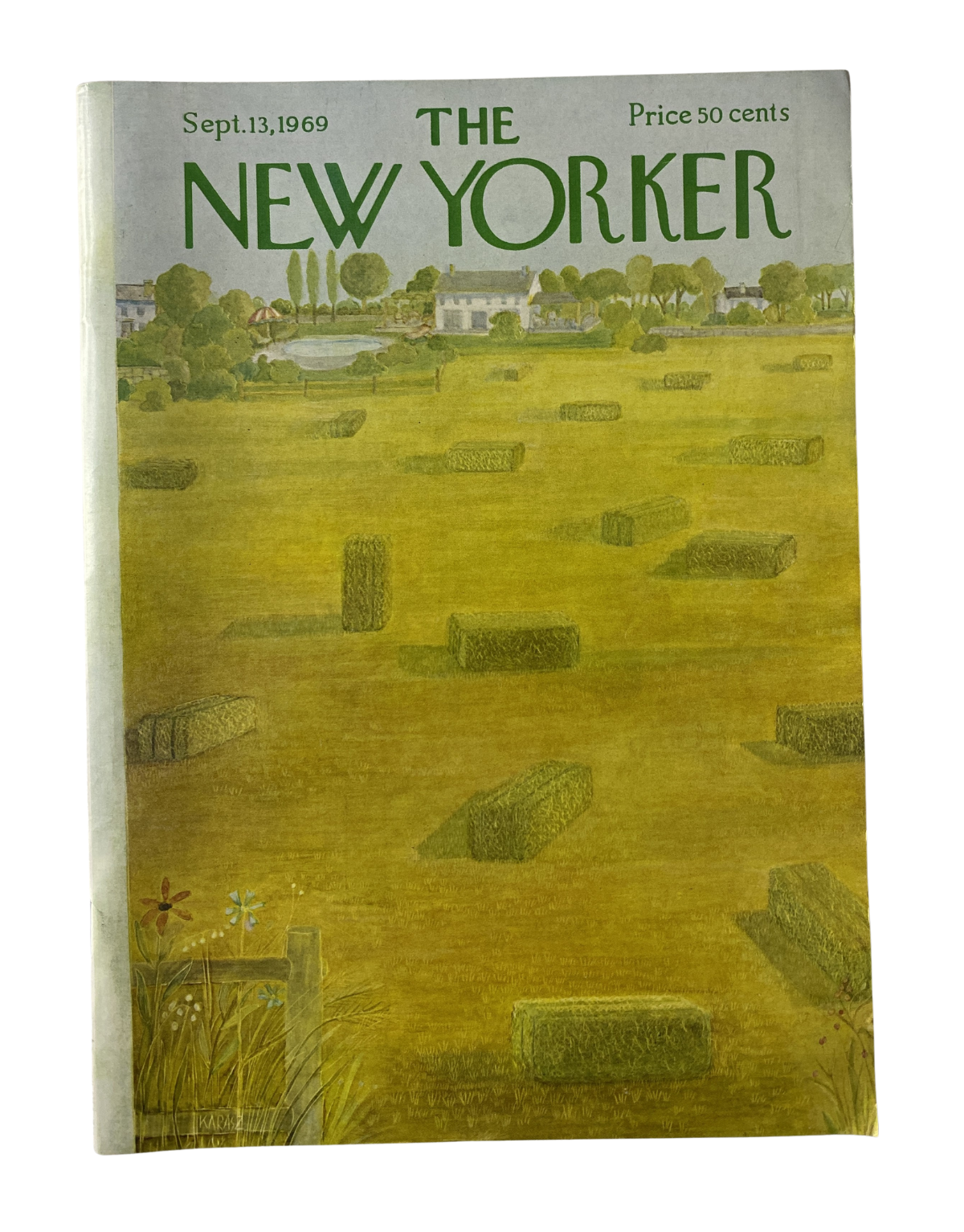 The New Yorker Magazine September 13, 1969 cover featuring a landscape of hay bales in a field, illustrated by Ilonka Karasz, in very good condition.