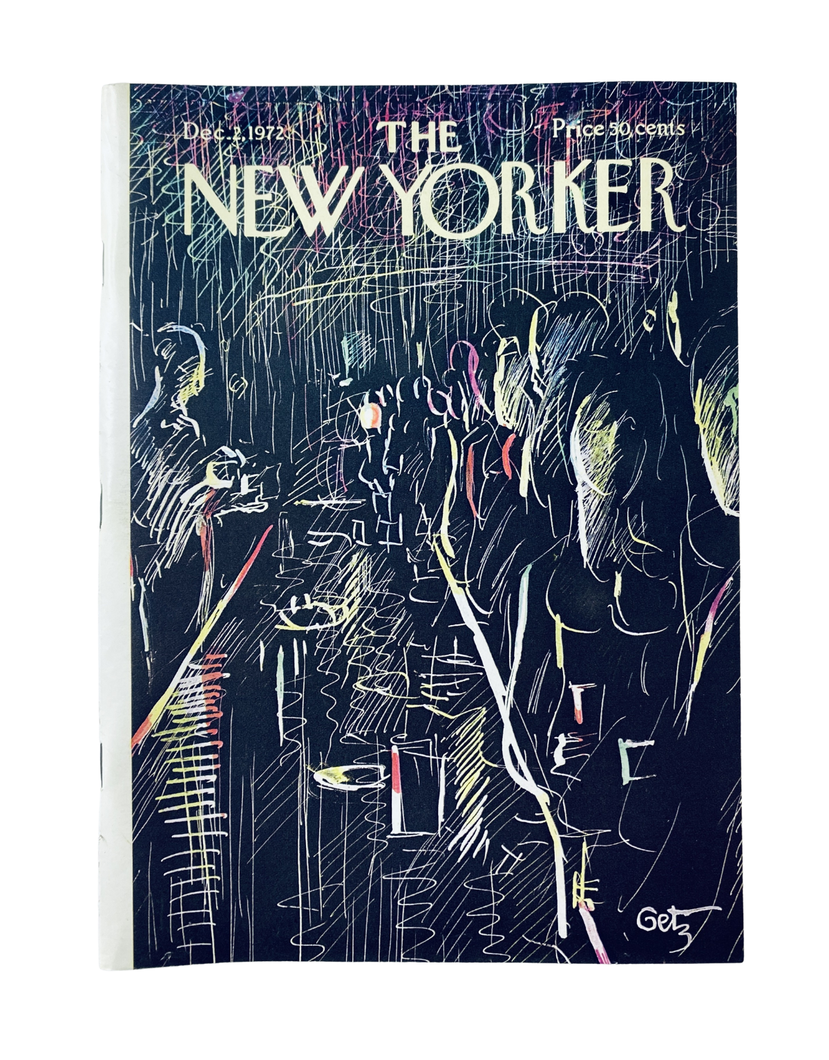 The New Yorker Magazine December 2, 1972 cover featuring an abstract depiction of a night crowd, illustrated by A. Getz, in very good condition.