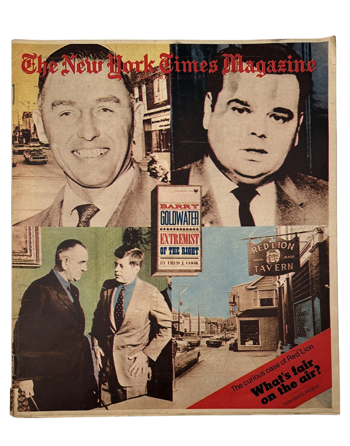 The New York Times Magazine March 30, 1975 cover featuring images related to Barry Goldwater and the extremism theme, with a focus on the Red Lion Tavern case and its implications for First Amendment rights.