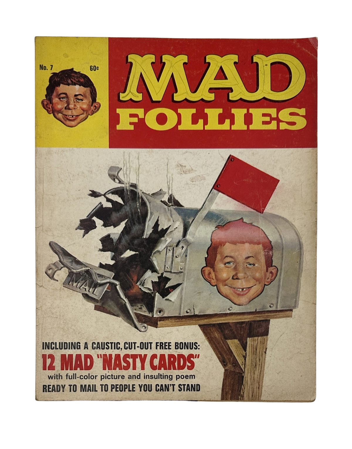 Cover of MAD Magazine Follies No. 7 from 1969 featuring Alfred E. Neuman and a mailbox filled with humorous illustrations. This vintage magazine includes the bonus 'Nasty Cards' insert.