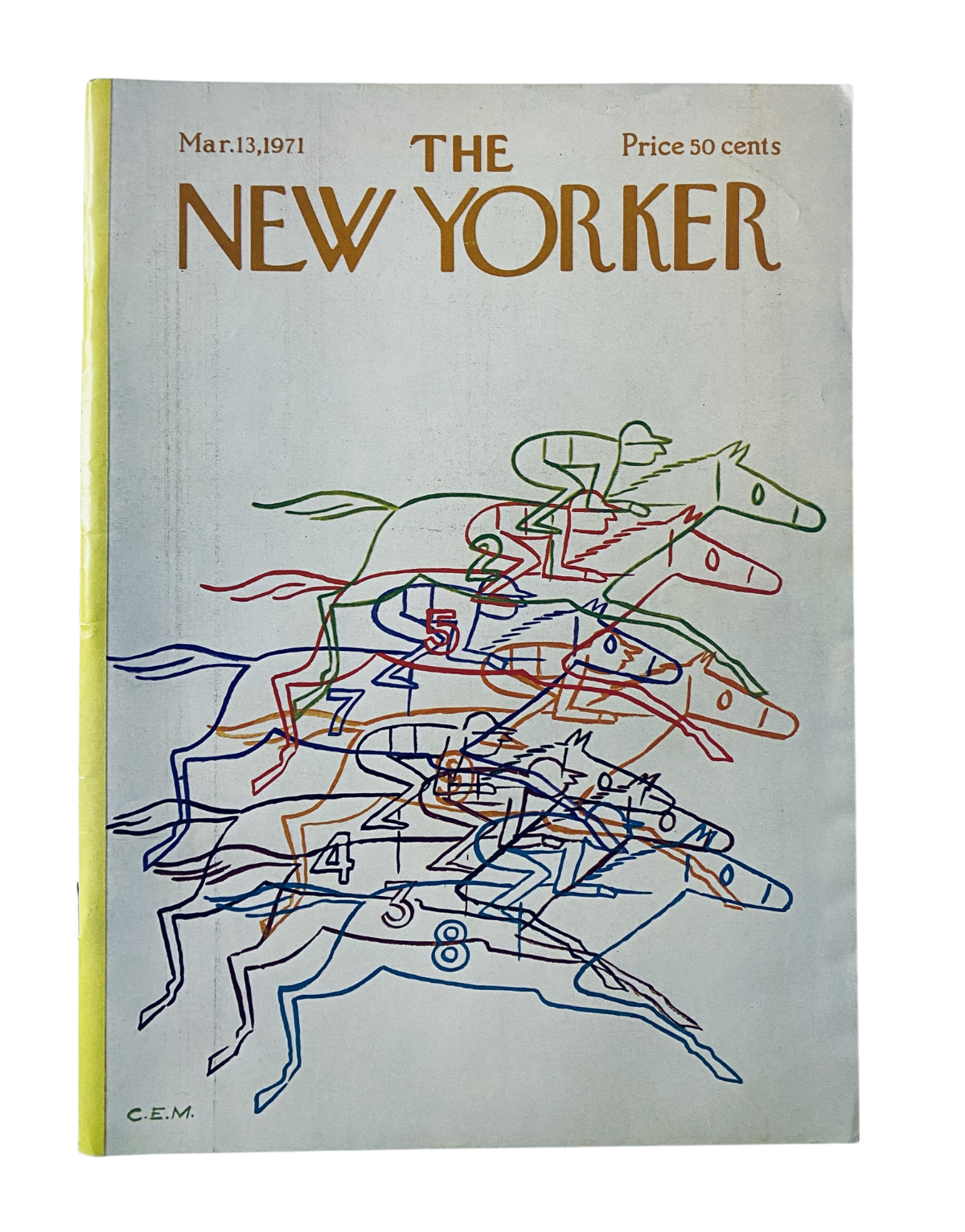Cover of The New Yorker Magazine from March 13, 1971, featuring a colorful illustration of galloping horses by Charles Martin.