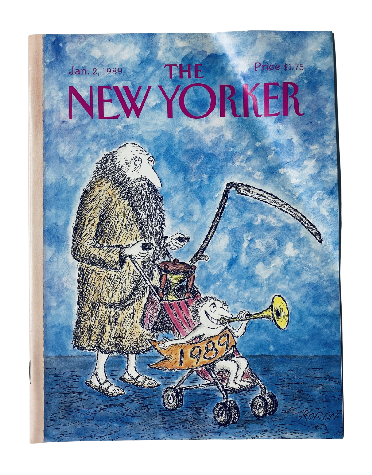 The New Yorker Magazine January 2, 1989 cover featuring an illustration by Edward Koren depicting a whimsical New Year baby in a stroller with a humorous adult figure.