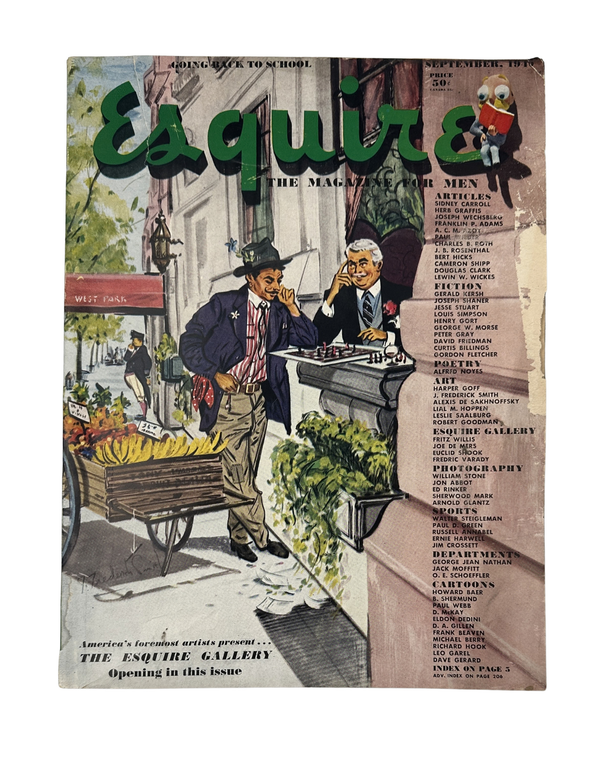 Esquire Magazine September 1946 cover featuring illustrated scenes from urban life with a vendor and a man by a cart, highlighting articles on music and culture.