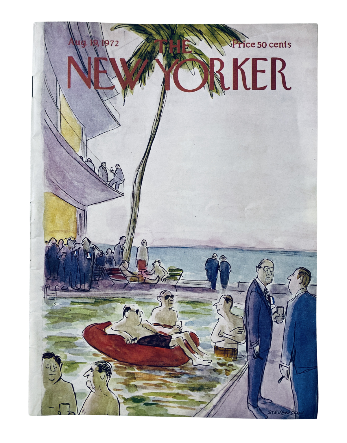 The New Yorker Magazine August 19, 1972 Poolside Palm Cover by James Stevenson, featuring colorful characters at a poolside setting with a palm tree in the background.