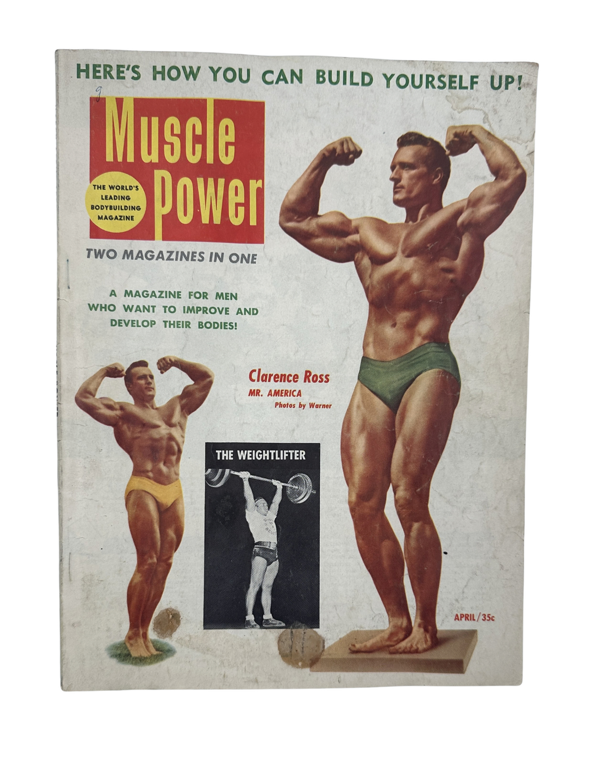 Muscle Power Magazine March-April 1953 cover featuring Clarence Ross, Mr. America, showcasing muscle building tips and bodybuilding content.