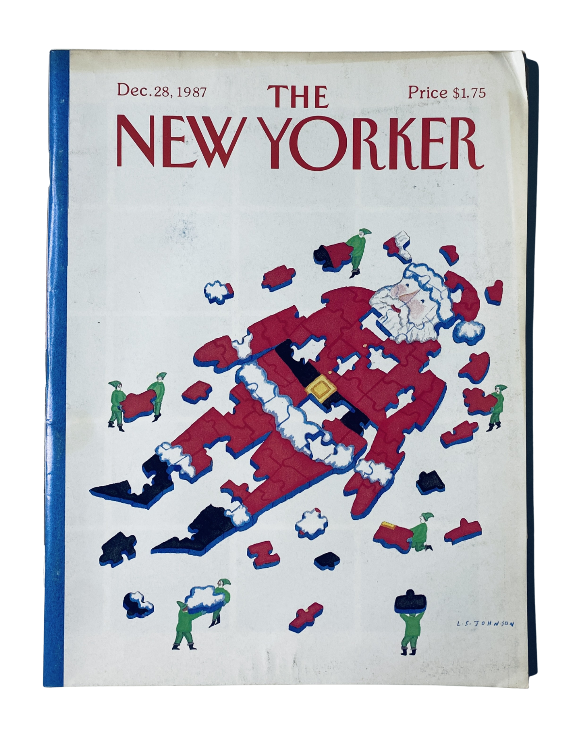 Cover of The New Yorker Magazine, December 28, 1987, featuring a Santa puzzle illustration by L. S. Johnson. The image depicts a whimsical scene with Santa falling apart into puzzle pieces, suited for collectors and magazine enthusiasts.