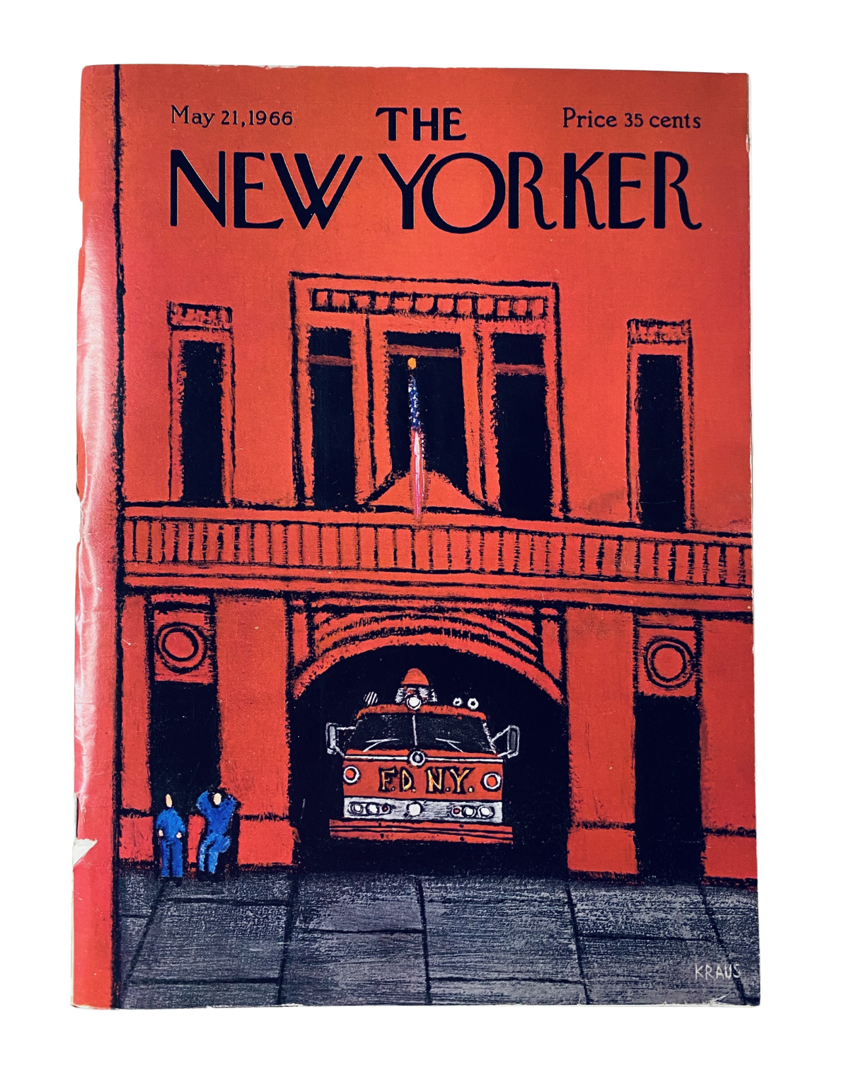 The New Yorker Magazine May 21, 1966 cover featuring an illustration by Robert Kraus depicting the FDNY Firehouse, vibrant red background with a fire truck in front.