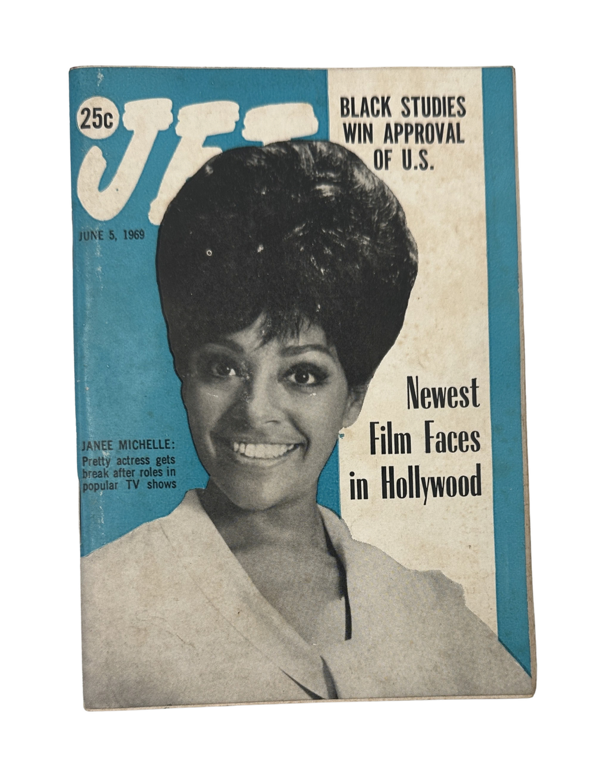 Jet Magazine cover from June 5, 1969 featuring Janee Michelle discussing Black Studies in Hollywood, showcasing her hairstyle and vibrant graphics.