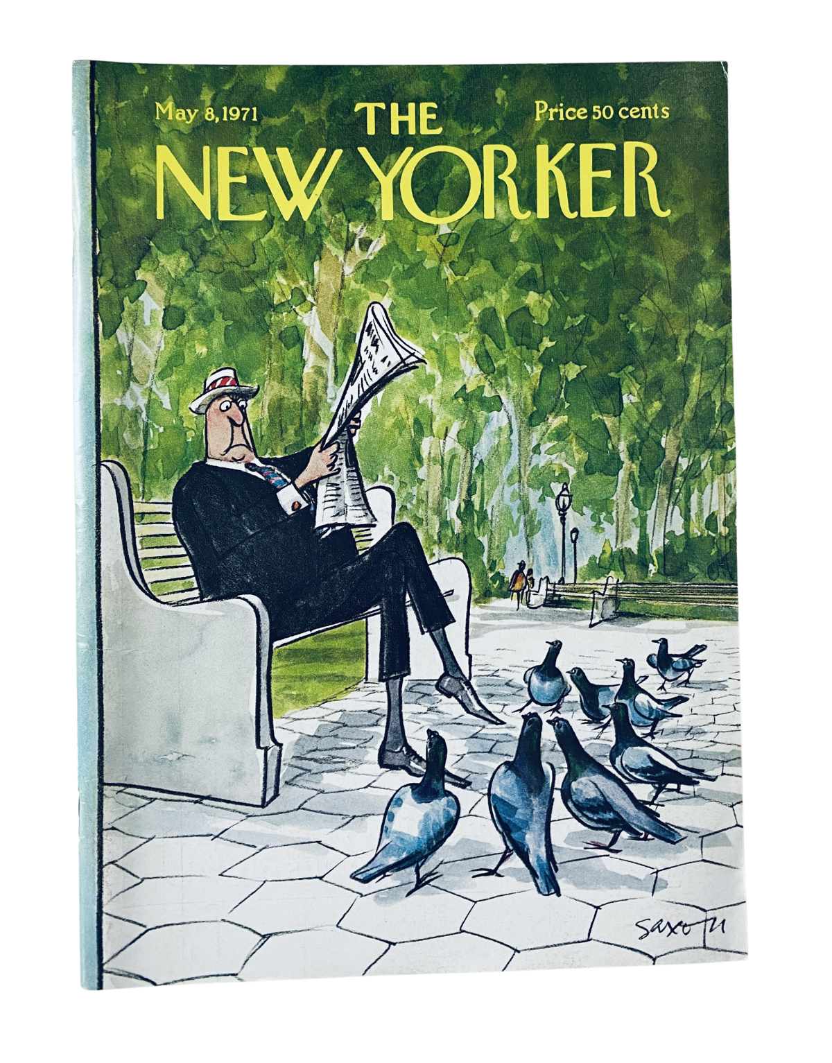 The New Yorker Magazine May 8, 1971 featuring a whimsical cover illustration by Charles Saxon depicting a man reading a newspaper while sitting on a park bench surrounded by pigeons.