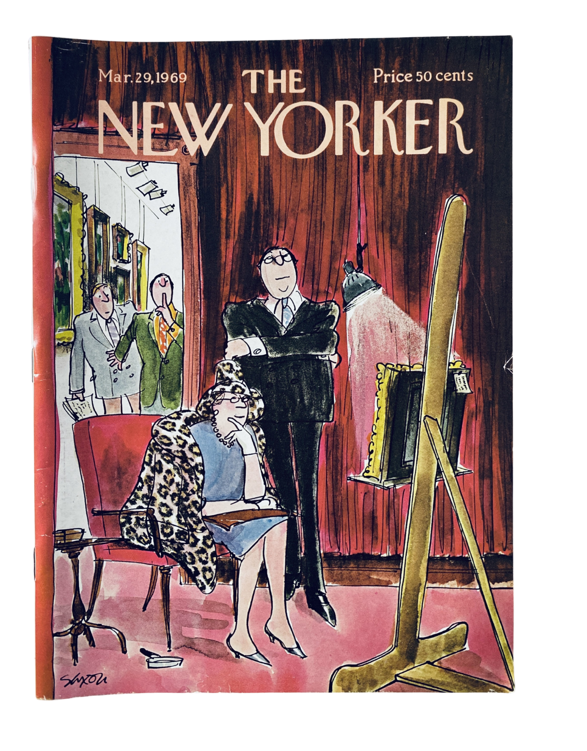 The New Yorker Magazine March 29, 1969 featuring an art gallery scene cover illustration by Charles Saxon. The cover depicts a woman sitting in a chair with a stylish coat, alongside a man standing with his arms crossed in a gallery setting.