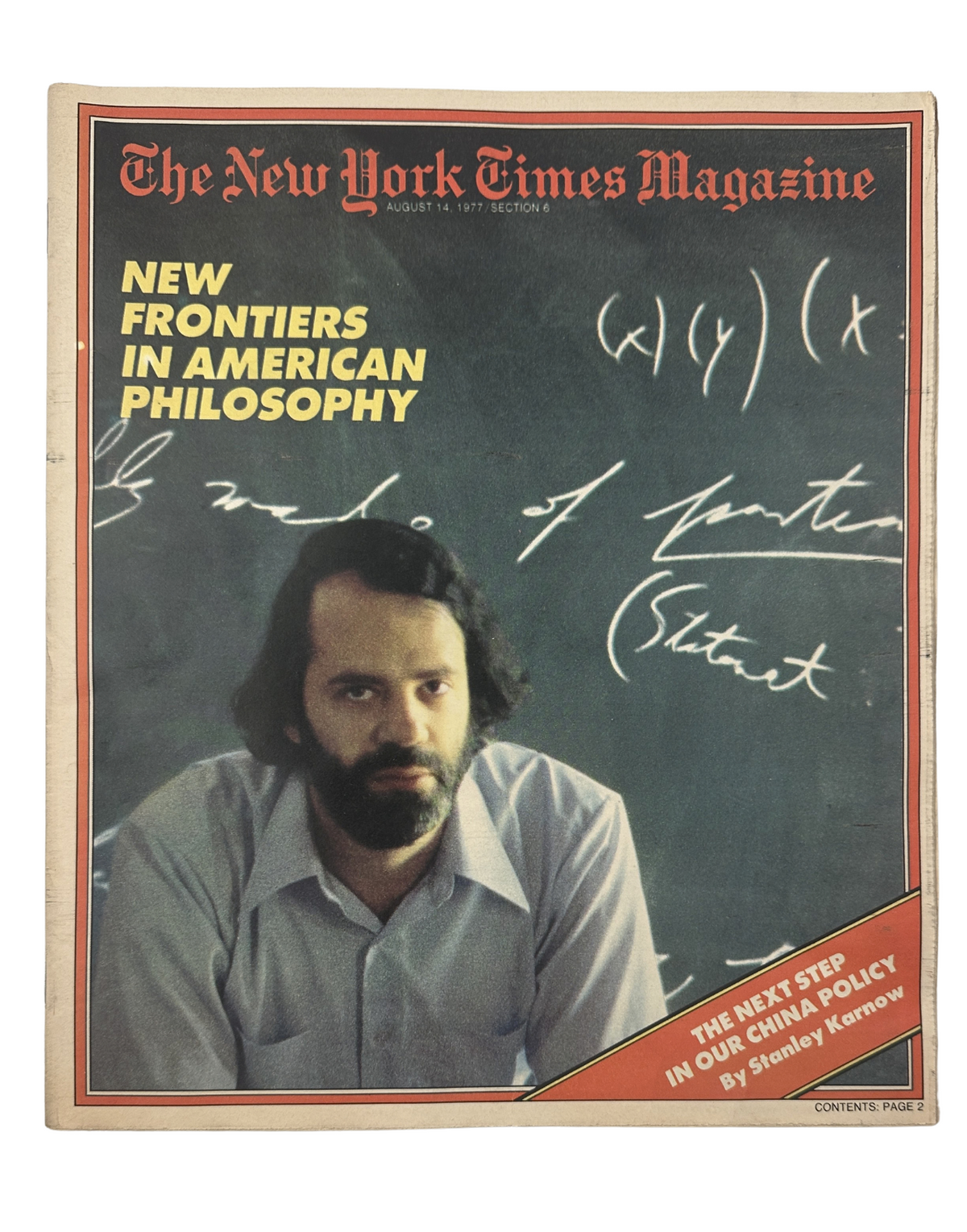 Cover of The New York Times Magazine August 14, 1977 featuring Saul Kripke, highlighting the article 'New Frontiers in American Philosophy', with handwritten equations in the background.