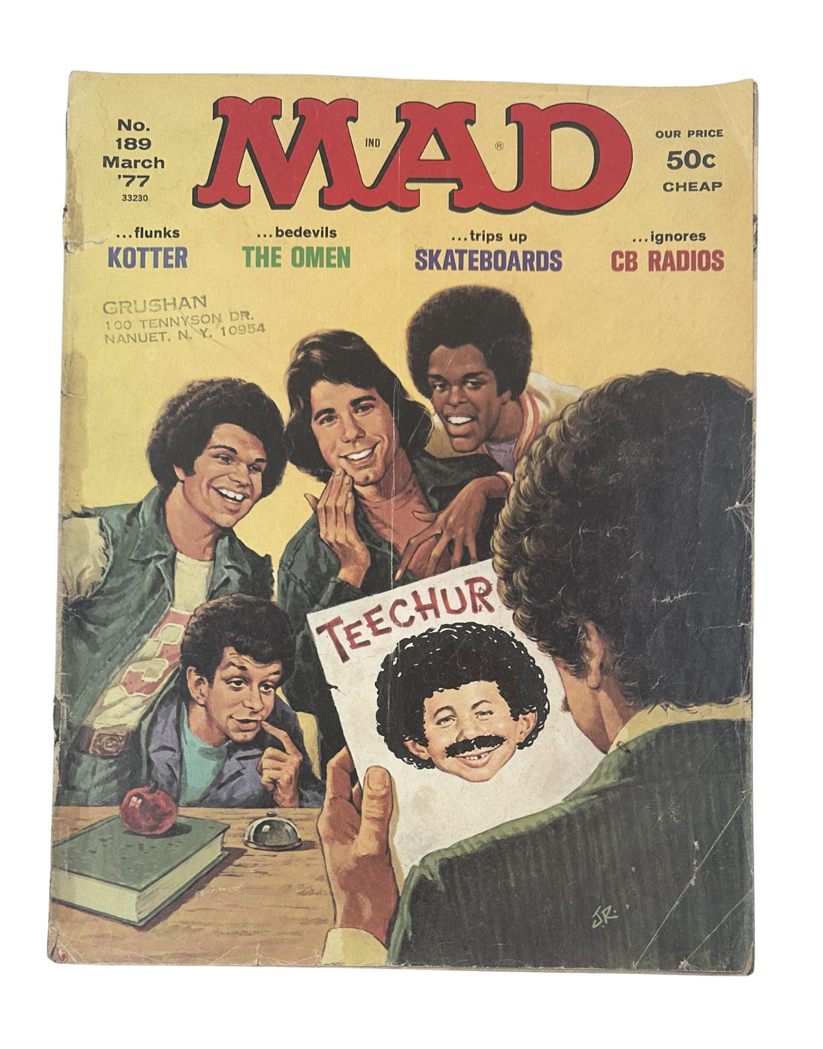 MAD Magazine No. 189, March 1977 cover featuring parodies of the Omen movie, Kotter TV show, skateboards, and CB radios, illustrated in vibrant colors with a comedic style.
