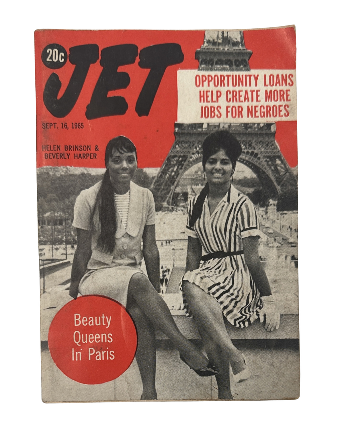 Jet Magazine September 16, 1965 featuring Helen Brinson and Beverly Harper on the cover with the Eiffel Tower in the background. The magazine highlights opportunities for Negro employment and beauty queens in Paris.