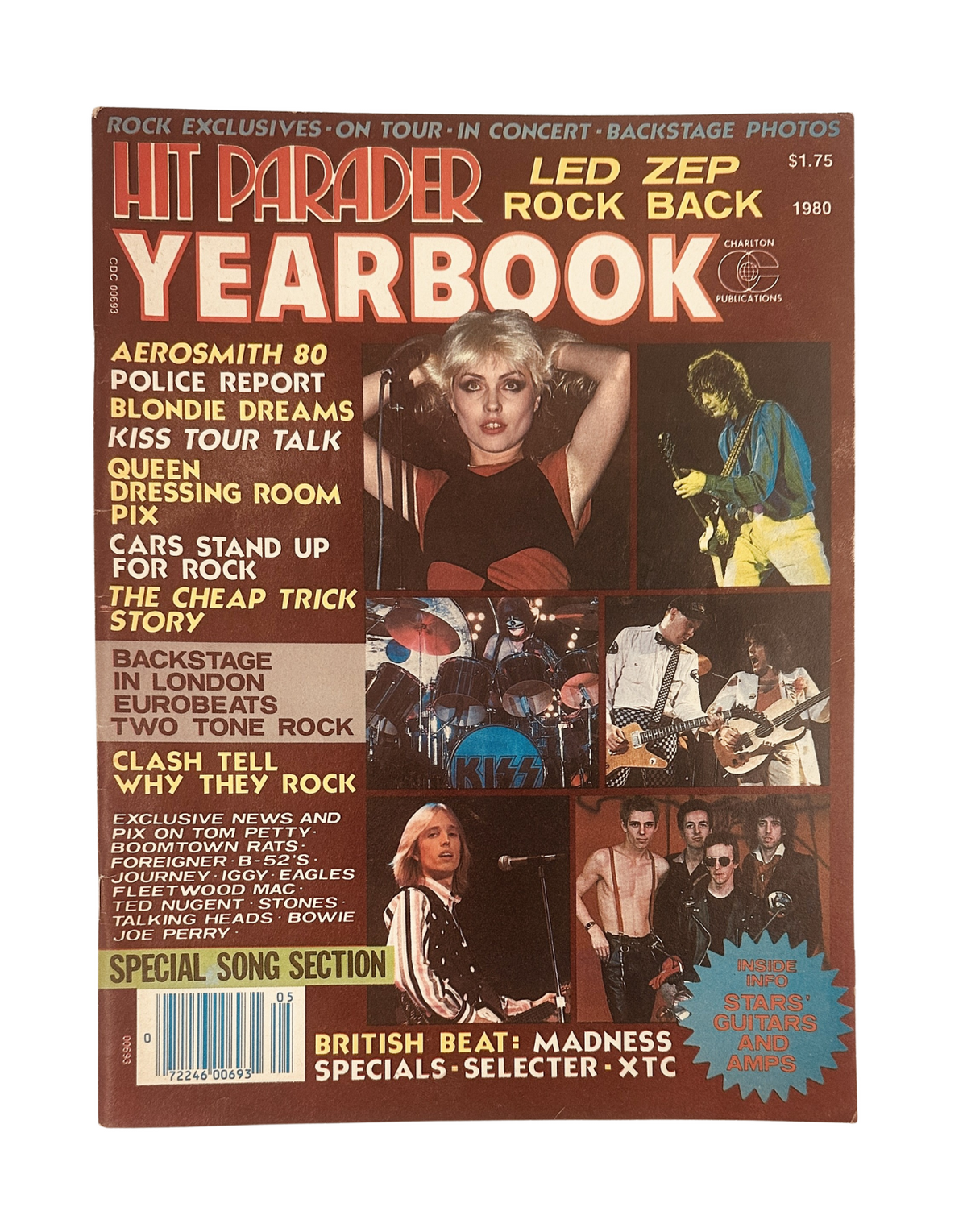 Hit Parader Yearbook Magazine 1980 featuring icons like Led Zeppelin, Blondie, Kiss, and Aerosmith, showcasing vibrant cover art and headlines capturing the essence of rock music.