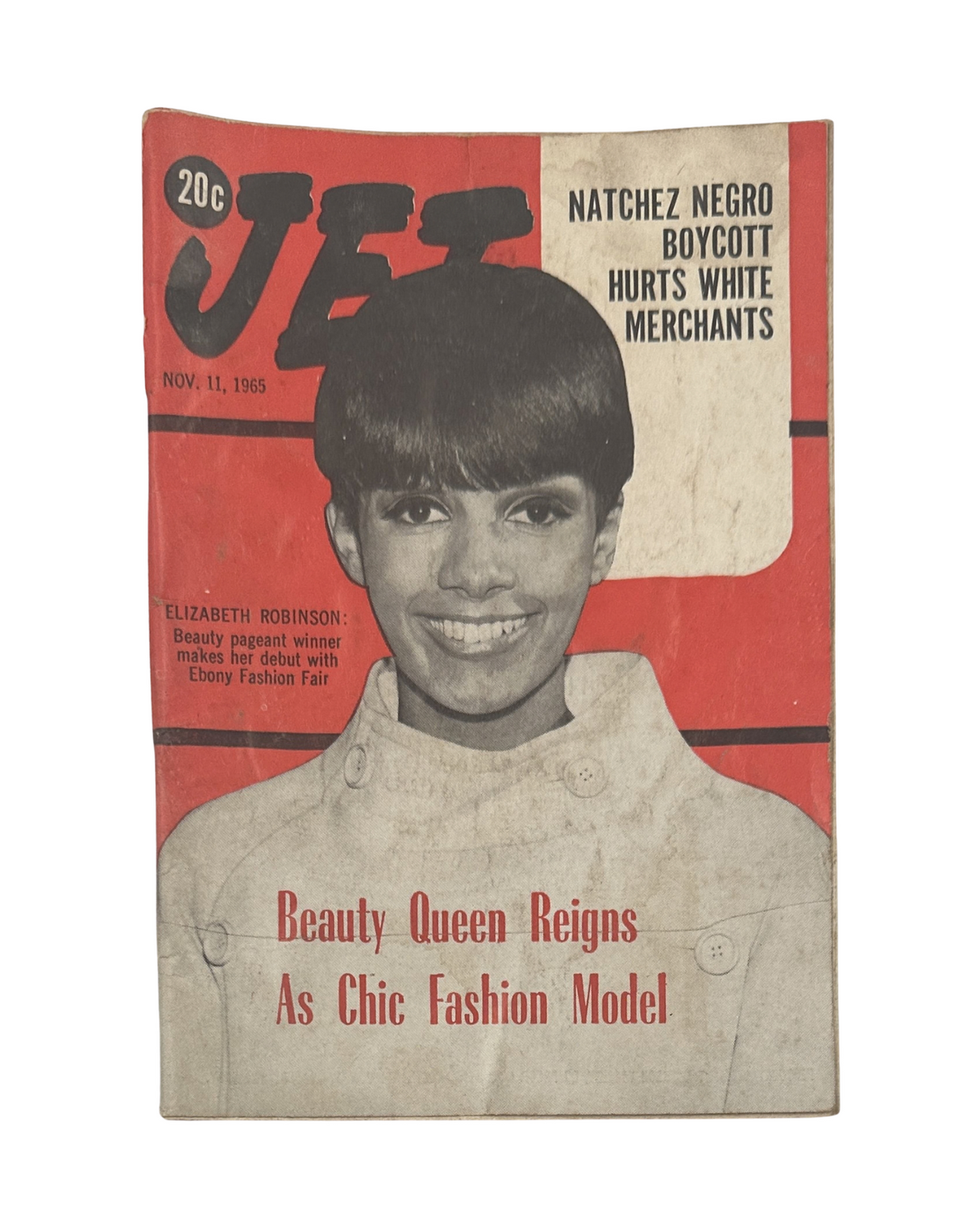 Jet Magazine cover from November 11, 1965 featuring Elizabeth Robinson, highlighting the Natchez Boycott and celebrating her as a beauty queen and fashion model.