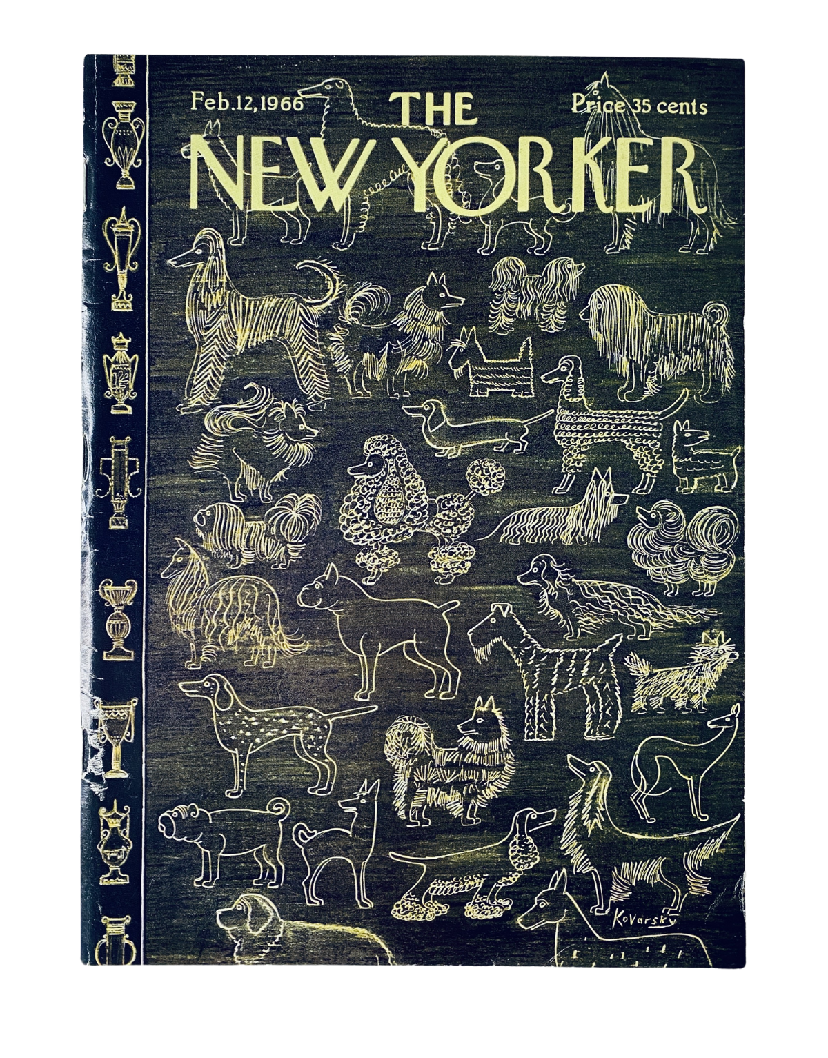 Cover of The New Yorker Magazine from February 12, 1966 featuring a whimsical illustration of various dogs by Anatol Kovarsky.