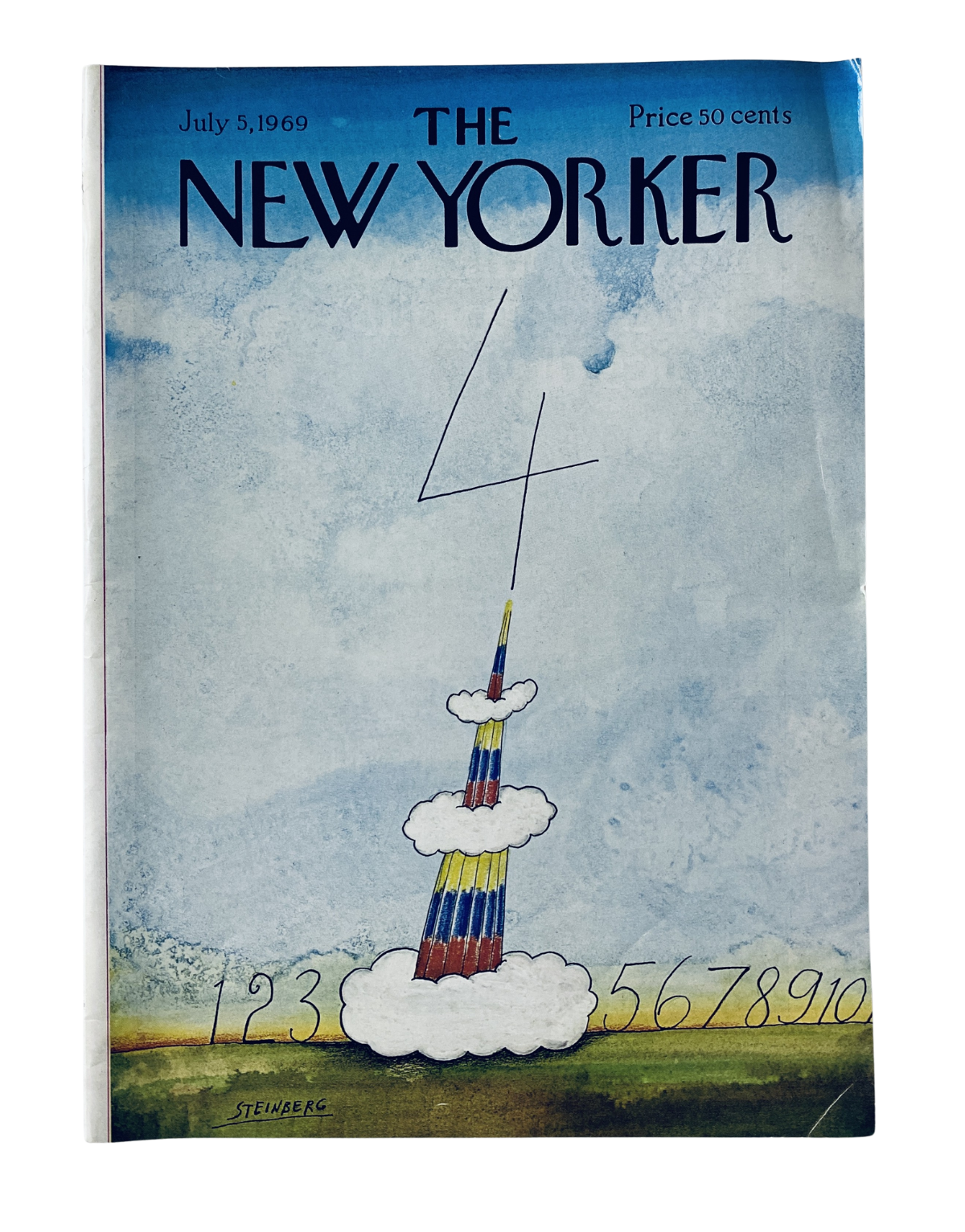 The New Yorker Magazine cover from July 5, 1969, featuring art by Saul Steinberg with a whimsical rocket number design, showcasing clouds and a colorful tower.