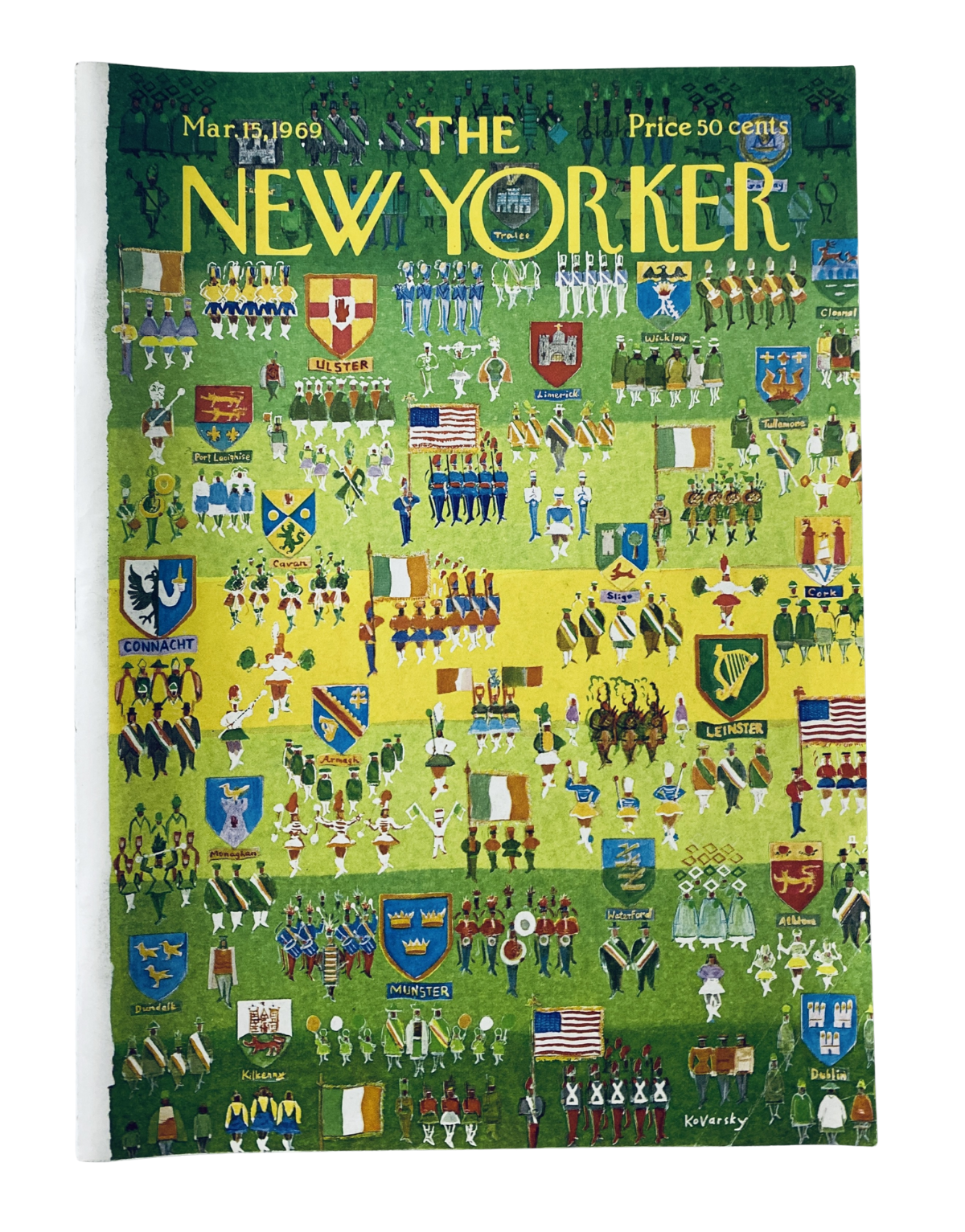 The New Yorker Magazine March 15, 1969 cover featuring a vibrant illustration of Irish Parade depicting various folk art styles and symbols, designed by A. Kovarsky.