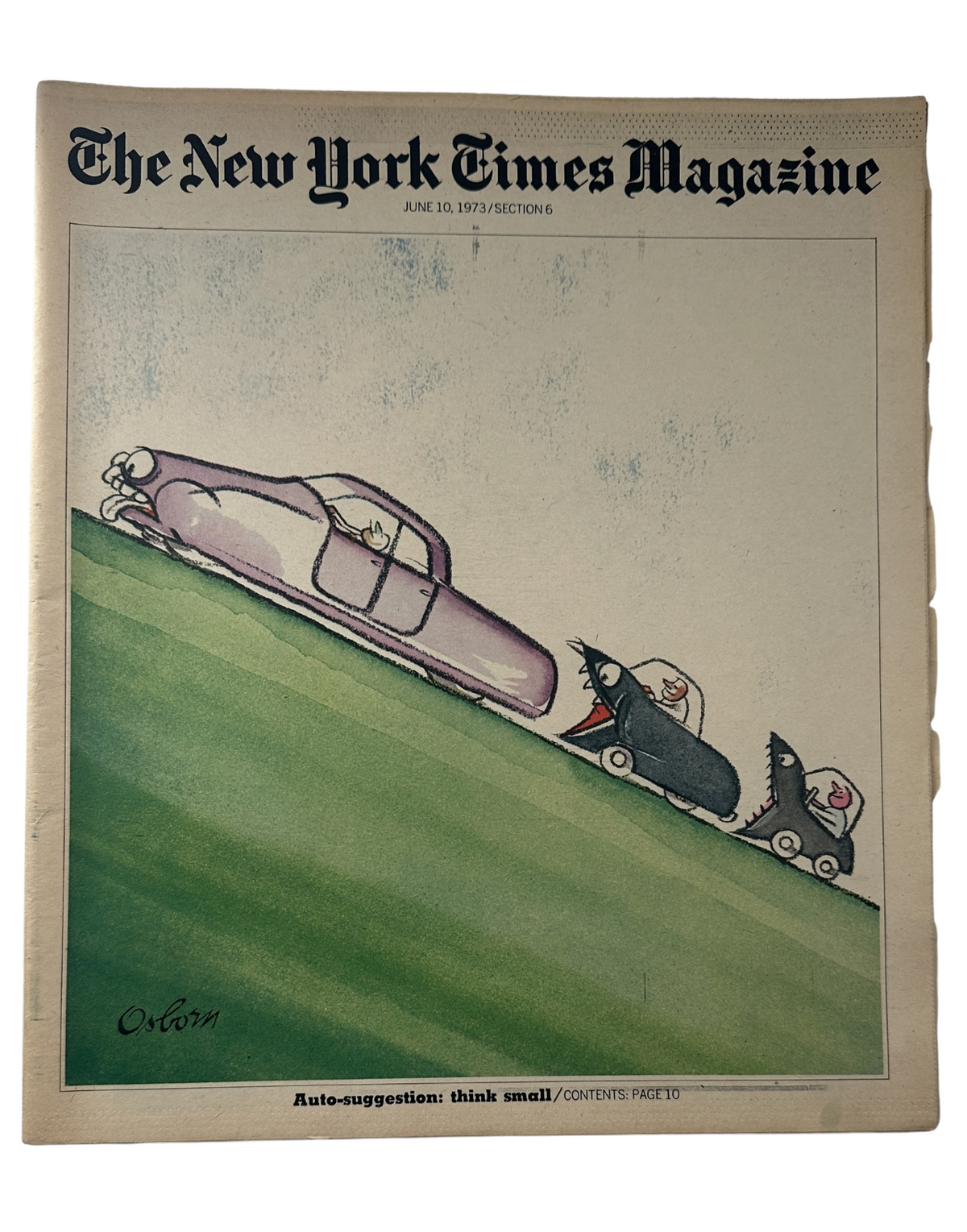The New York Times Magazine June 10, 1973 cover featuring a cartoon illustration by Robert Osborn, depicting a whimsical scene of a purple car and black racing cars, symbolizing the energy crisis.