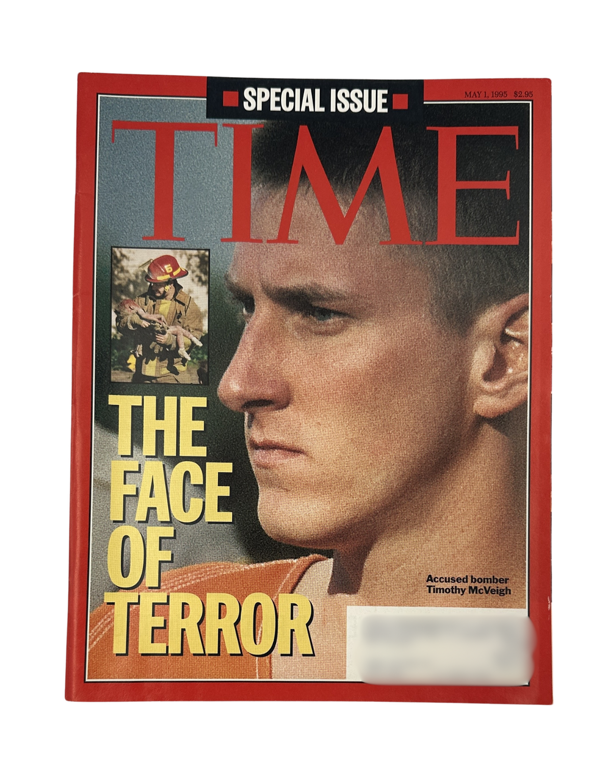 Time Magazine cover from May 1, 1995 featuring Timothy McVeigh with the headline 'The Face of Terror', addressing the Oklahoma City bombing.