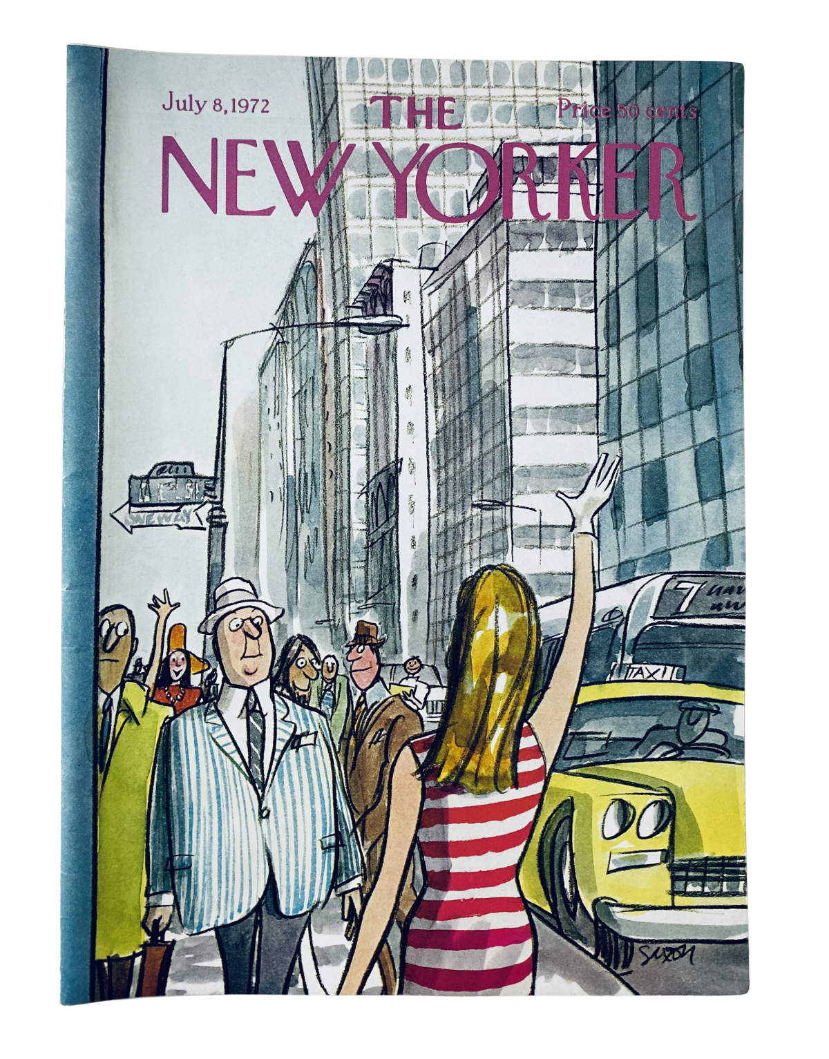 Cover of The New Yorker Magazine from July 8, 1972 featuring a city street scene with a woman waving, illustrated by Charles Saxon, showcasing a vibrant urban atmosphere and a yellow taxi.