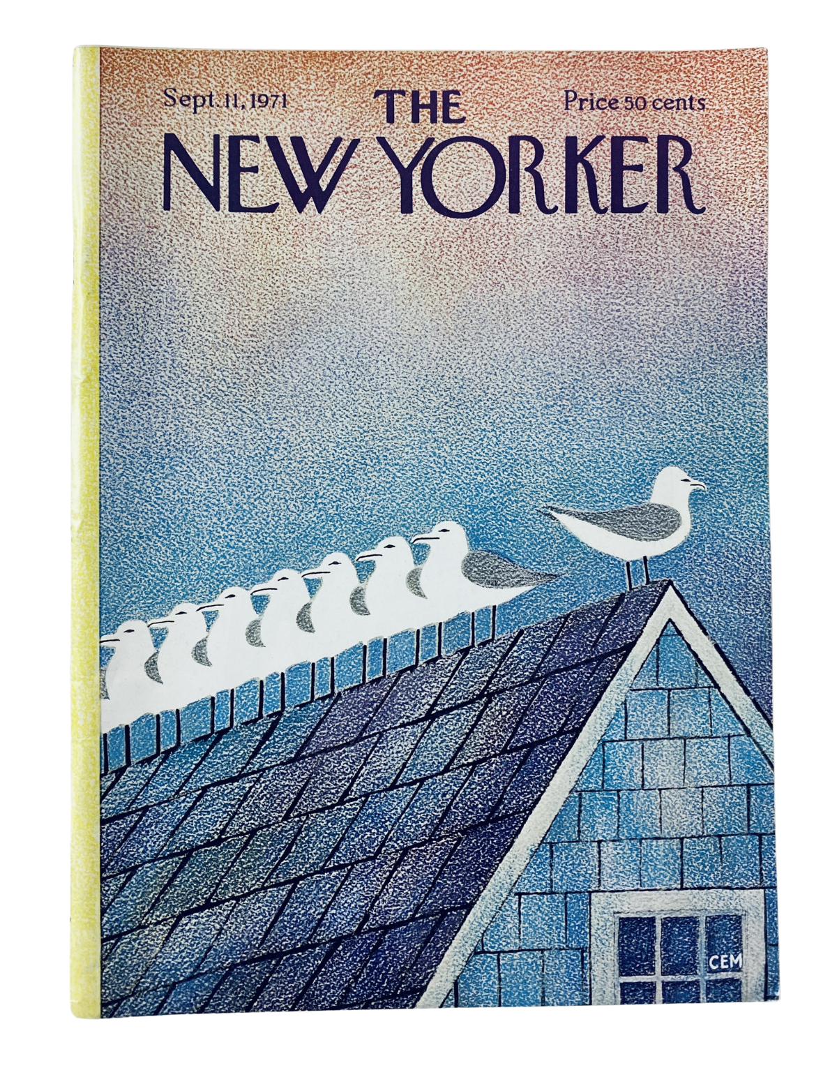 Cover of The New Yorker Magazine from September 11, 1971, featuring seagulls on a rooftop, designed by C. Martin, in very good condition.