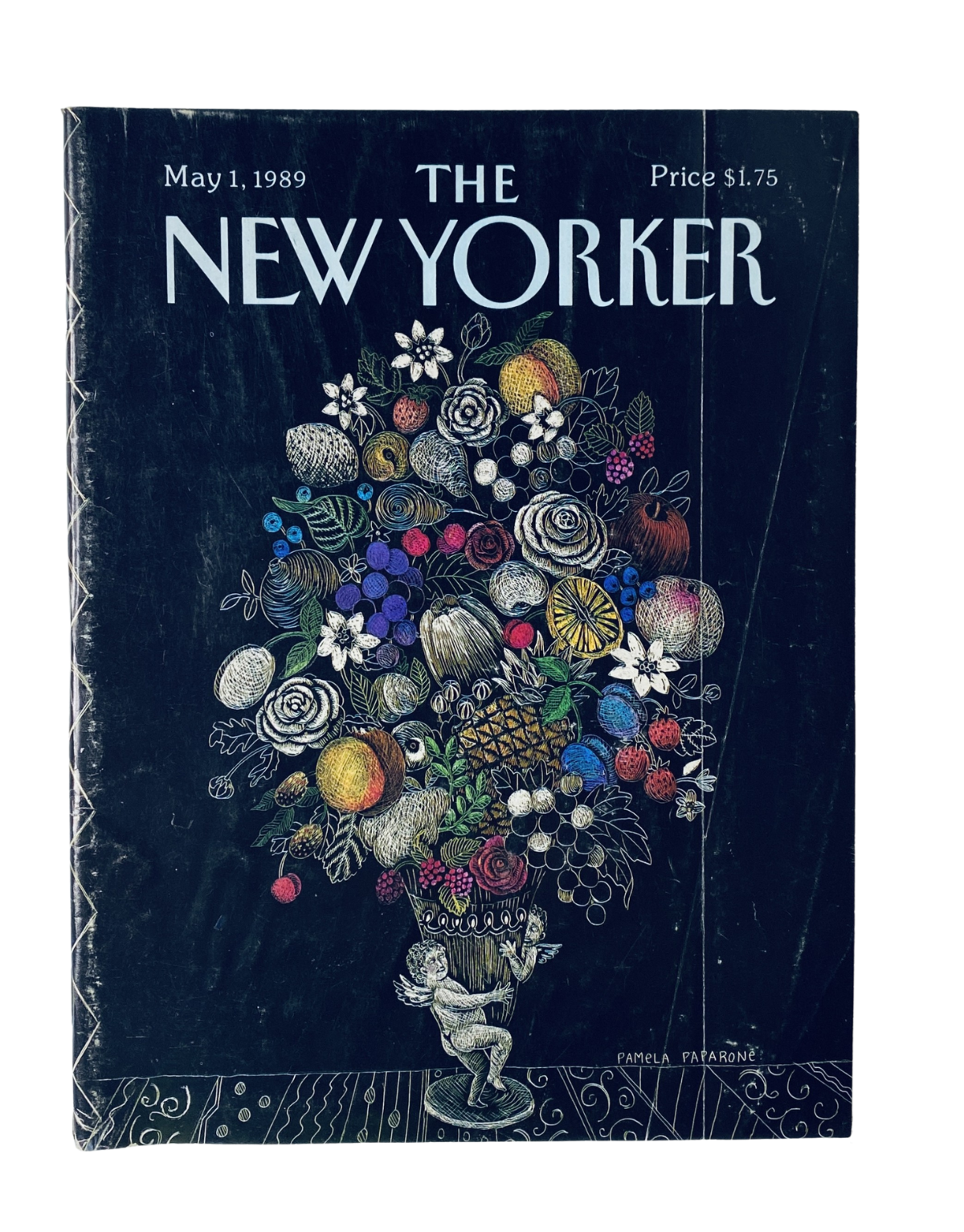 Cover of The New Yorker Magazine, May 1, 1989, featuring artwork by Pamela Paparone depicting a colorful arrangement of flowers and objects.