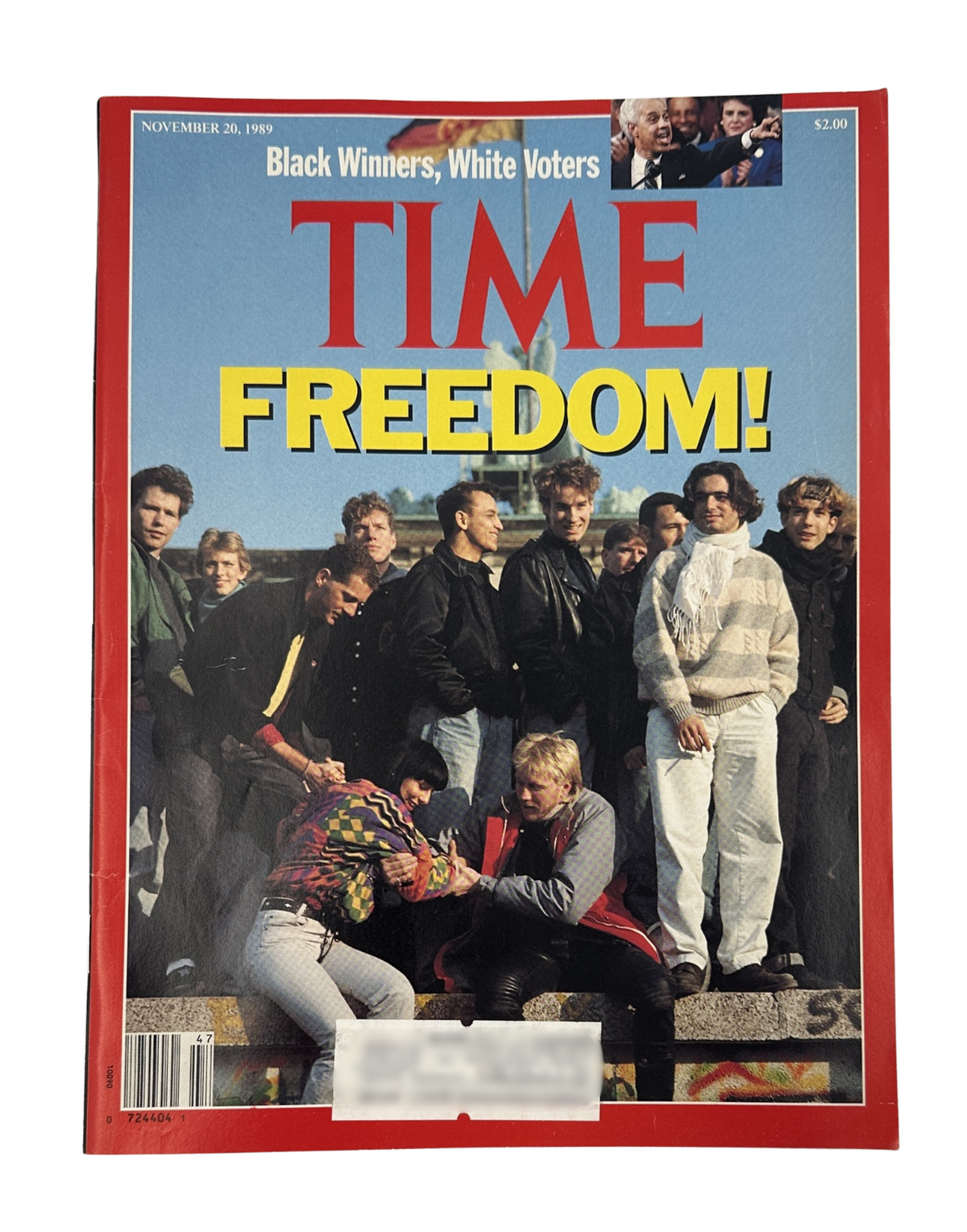 Time Magazine cover from November 20, 1989 featuring the title 'Freedom!' with a focus on Black winners and White voters, showcasing a group of young individuals standing in front of a colorful wall.