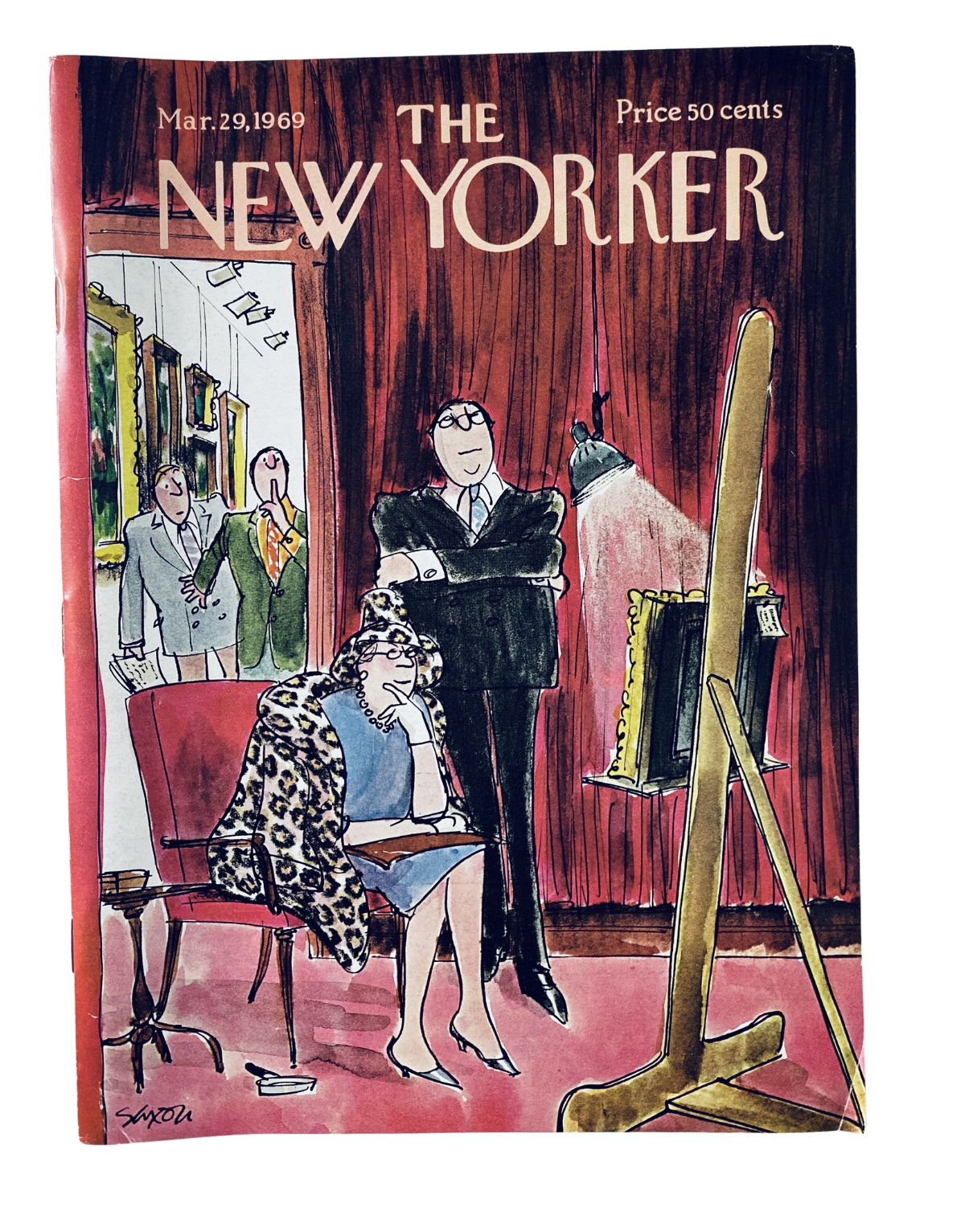 The New Yorker Magazine March 29, 1969 cover featuring Charles Saxon's artwork depicting a gallery scene with a woman in leopard print coat and a man standing beside an art piece.