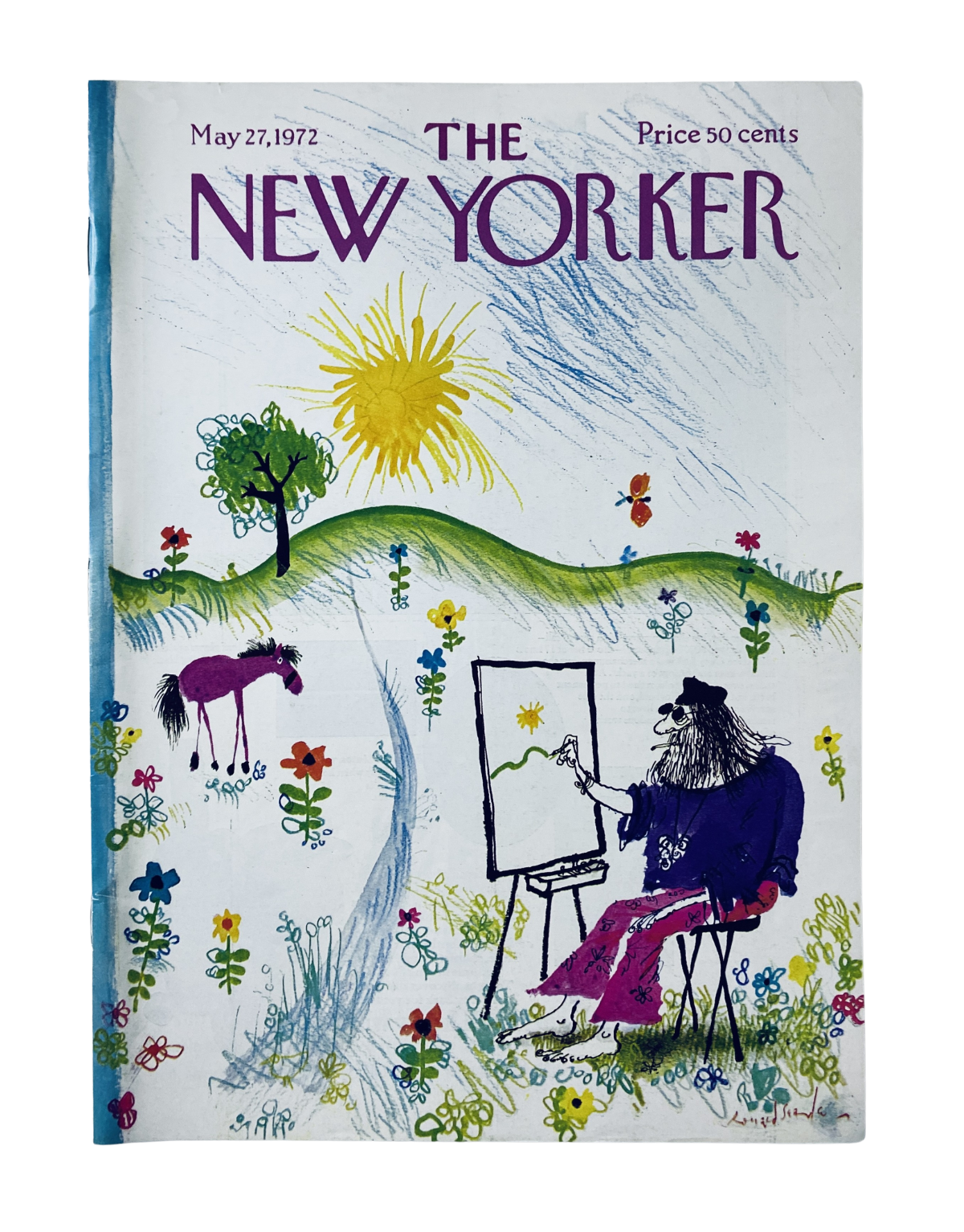 Cover of The New Yorker Magazine, May 27, 1972, featuring a whimsical illustration by Ronald Searle of a painter in a meadow with flowers and a sun.
