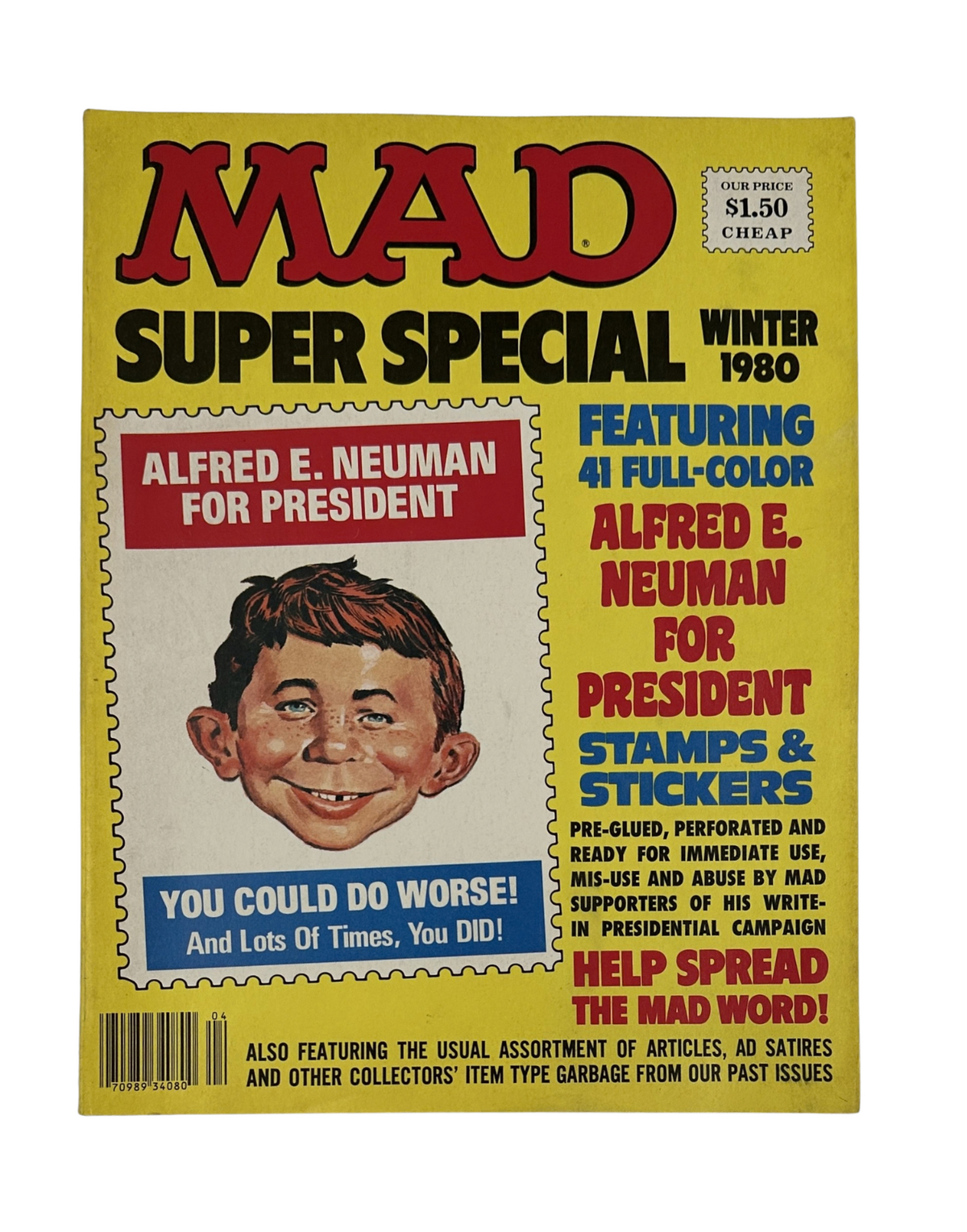 Cover of MAD Magazine Super Special No. 33 from Winter 1980 featuring Alfred E. Neuman for President, with vibrant colors and playful graphics.