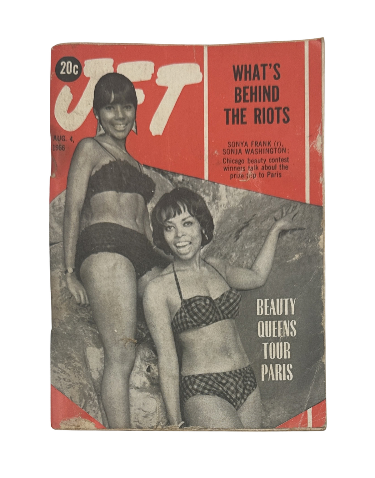 Jet Magazine August 4, 1966 cover featuring beauty queens Sonya Frank and Sonia Washington, highlighting a tour to Paris and discussing the riots.
