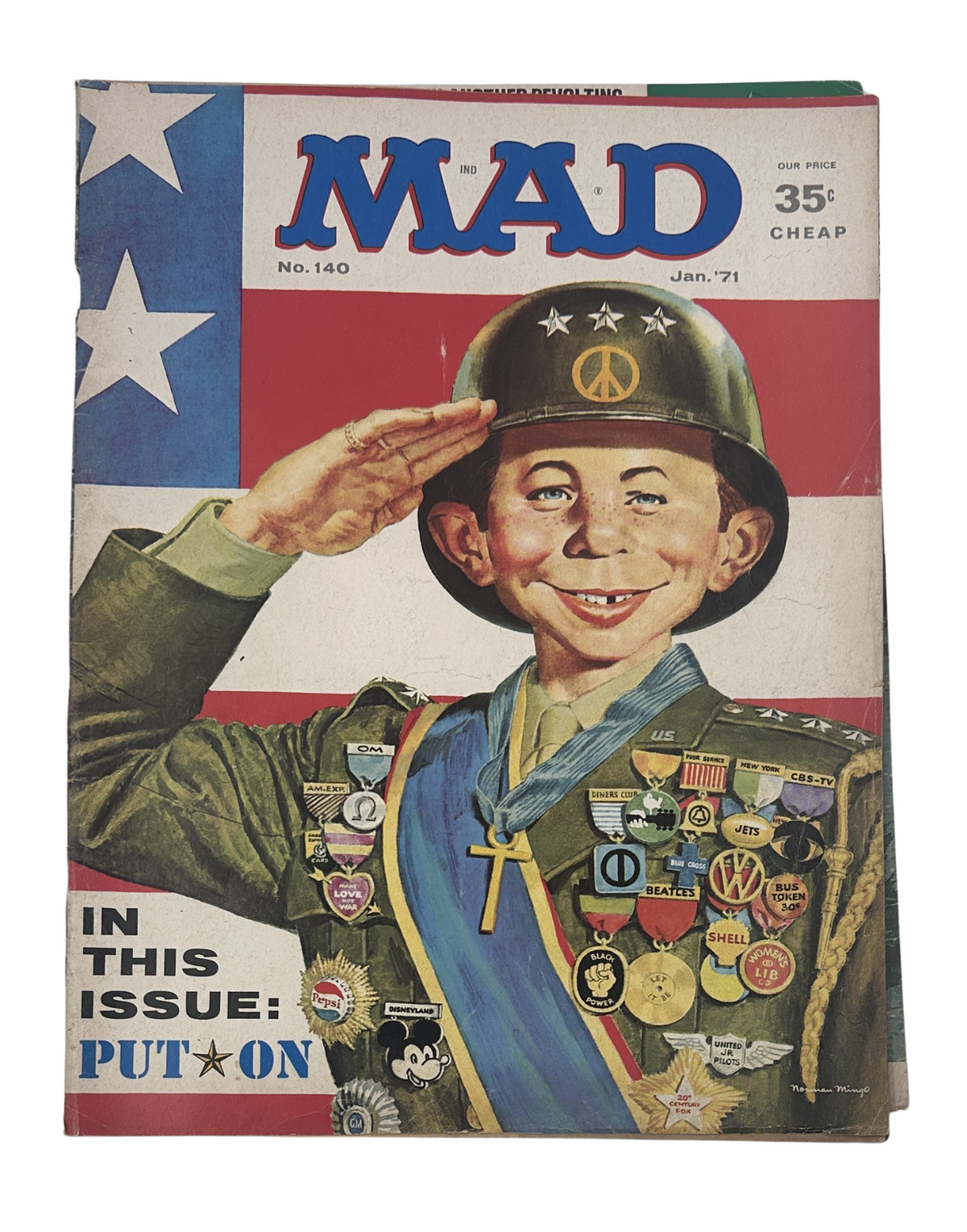 MAD Magazine No. 140 January 1971 cover featuring a soldier saluting, adorned with various military badges and medals, set against a patriotic background with the American flag. This issue includes the 'Put-On' segment.