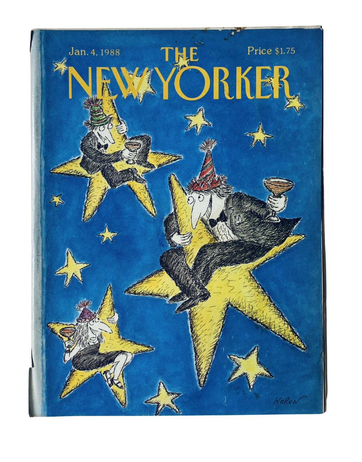 Cover of The New Yorker Magazine from January 4, 1988, featuring illustrations of characters in party hats sitting on stars, designed by Edward Koren.