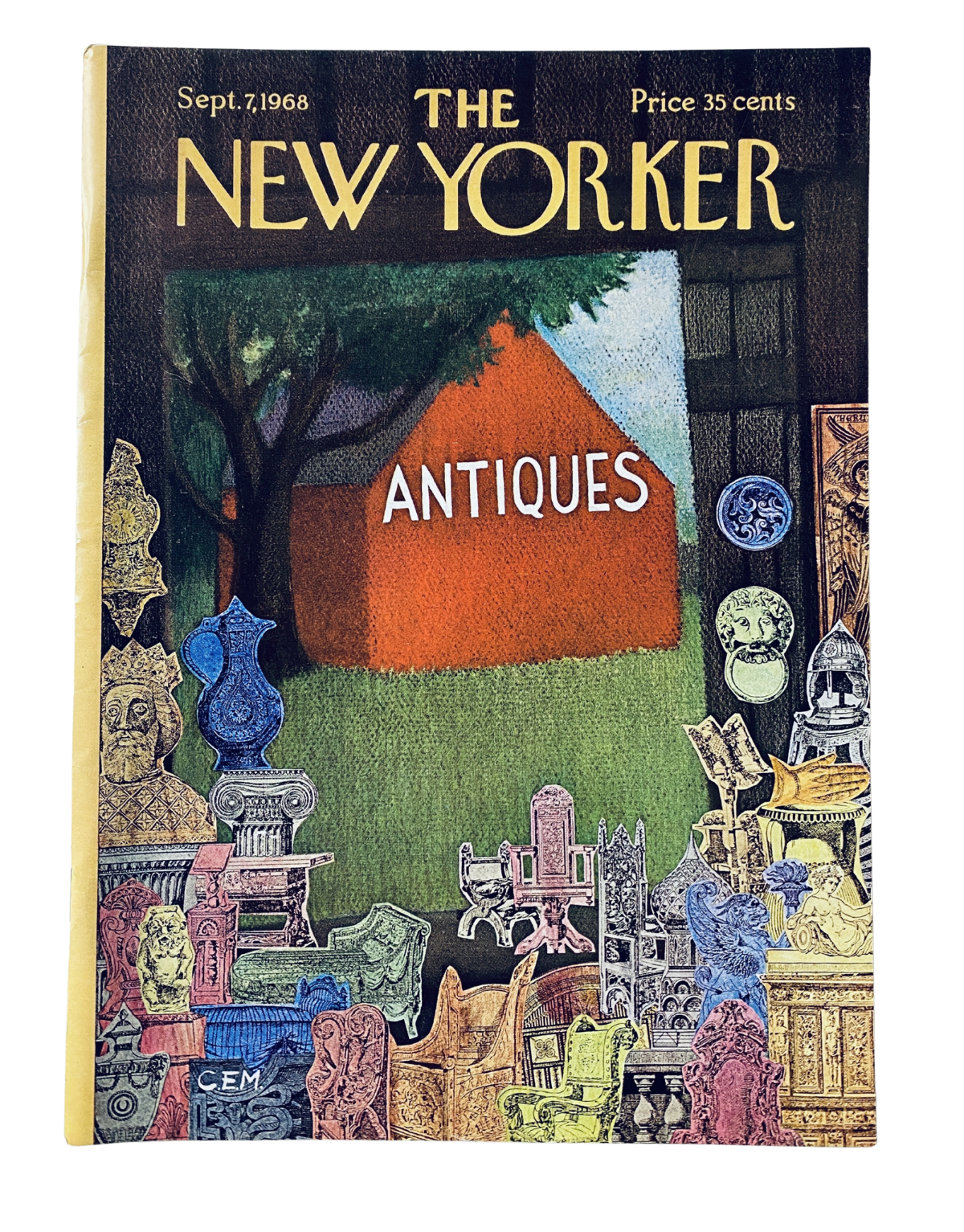 The New Yorker Magazine September 7, 1968 Antiques Cover designed by Charles Martin, featuring a colorful illustration of various antique items and a distinctive orange tent in the background, highlighting the theme of antiques.