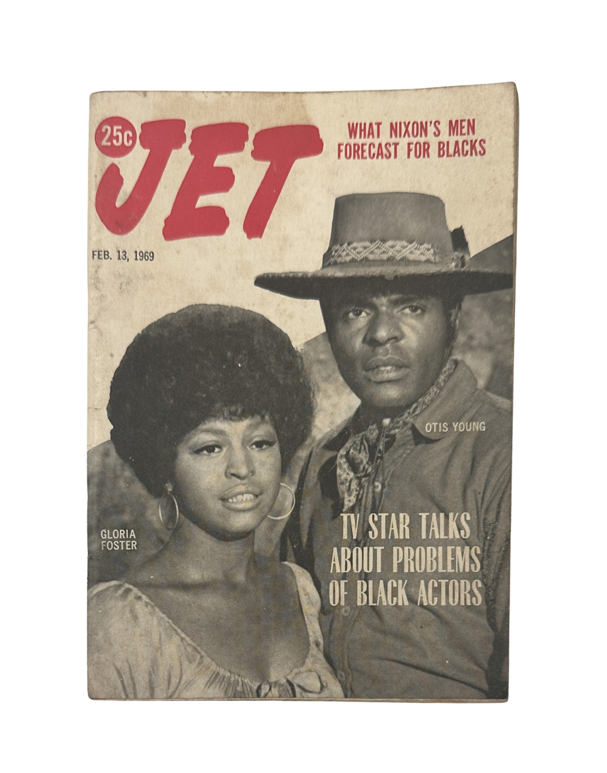 Jet Magazine featuring Otis Young and Gloria Foster on the cover, dated February 13, 1969, discussing issues faced by Black actors.