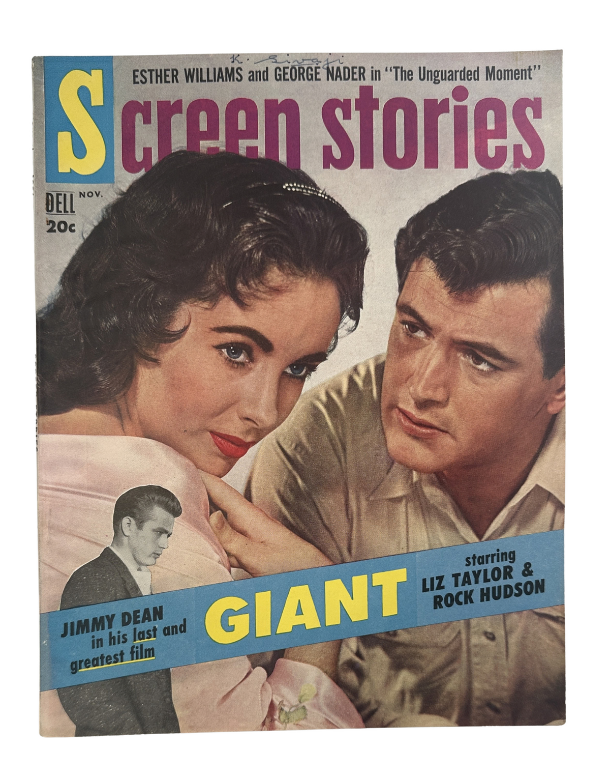 Cover of Screen Stories Magazine from November 1956 featuring the titles 'Giant' starring Elizabeth Taylor and Rock Hudson, with the mention of Jimmy Dean.