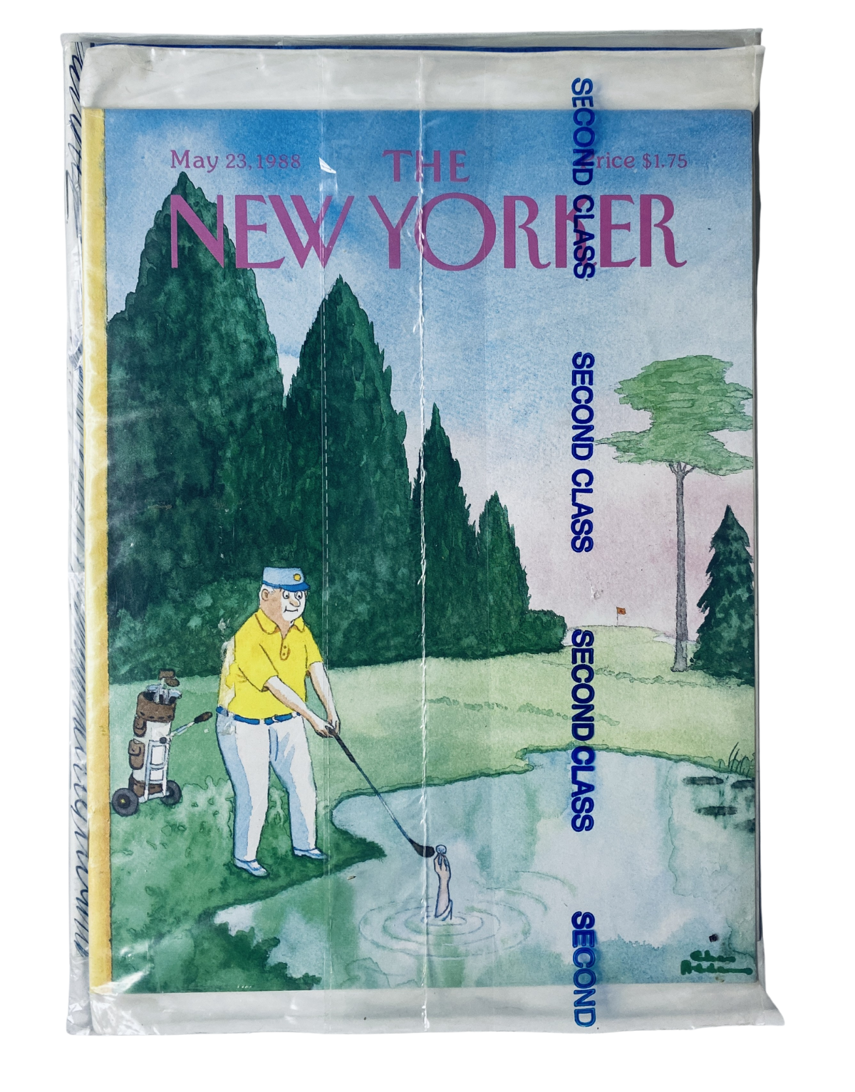 SEALED The New Yorker Magazine May 23, 1988 featuring a whimsical cover illustration of a golfer fishing in a pond, capturing vintage charm and collectible value.