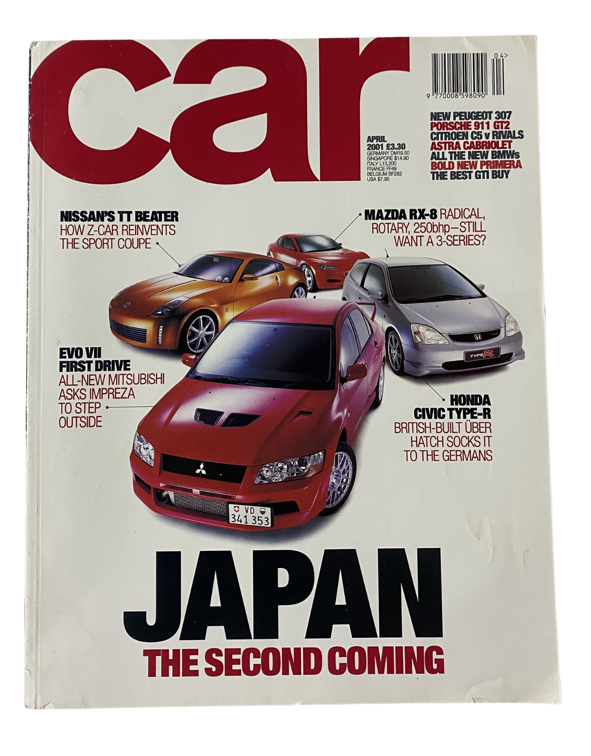 Cover of CAR Magazine April 2001 featuring Japan Special with Evo VII, RX-8, Civic Type-R, and Porsche 911 GT2. Highlighting Japan's automotive resurgence and showcasing top car models.