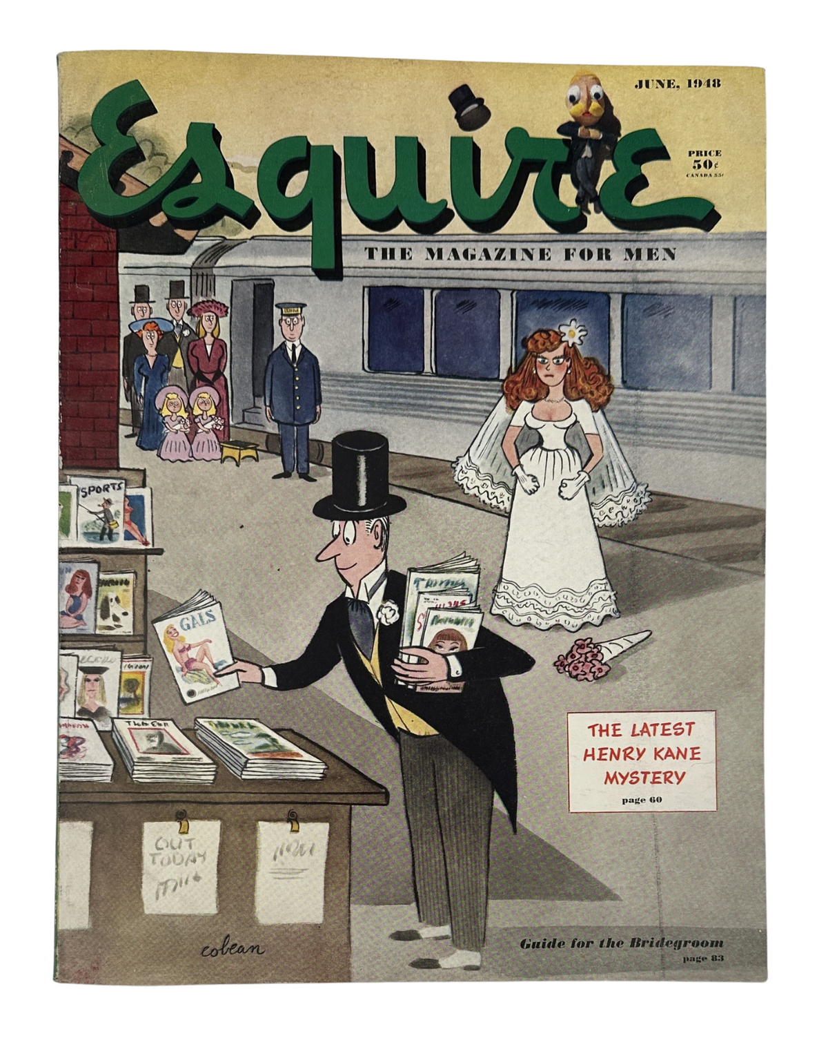 Esquire Magazine June 1948 cover featuring a groom and bride illustration, depicting a man in a black suit with a top hat examining magazines at a stand, set against a backdrop of wedding guests.