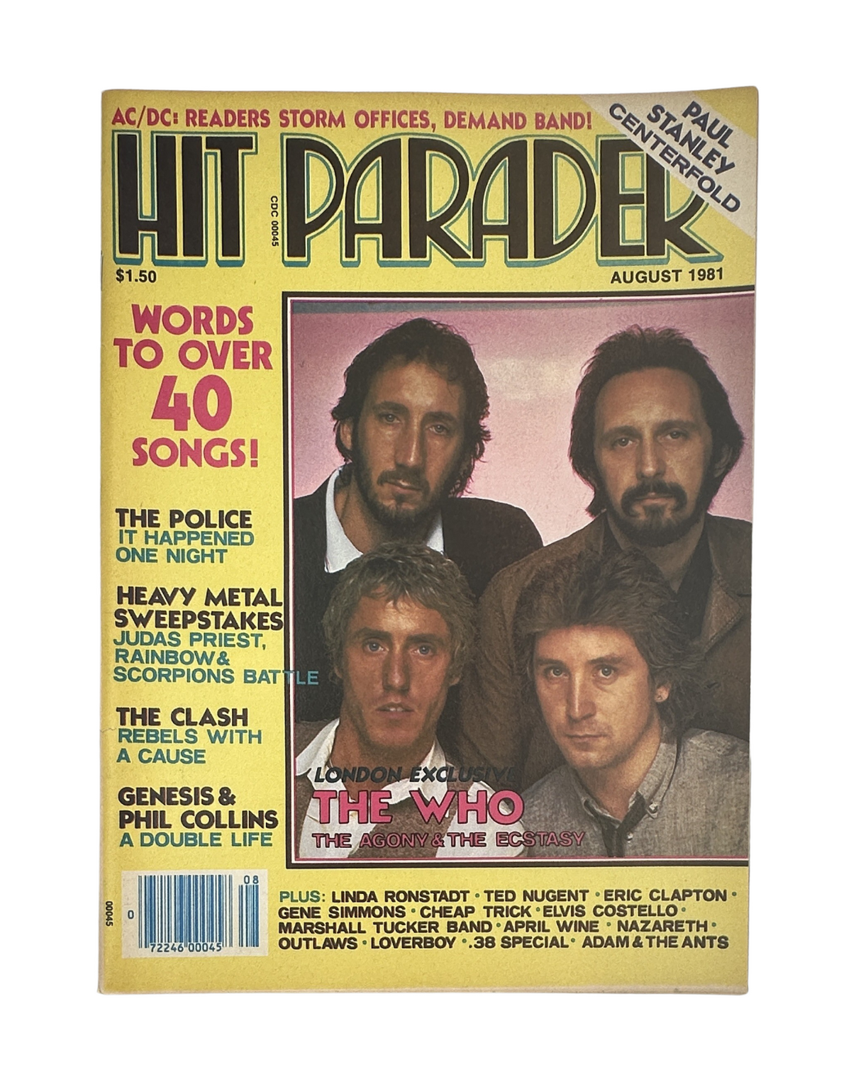 Cover of Hit Parader Magazine from August 1981 featuring The Who, headlines about music and artists including Paul Stanley's centerfold, in very good condition.