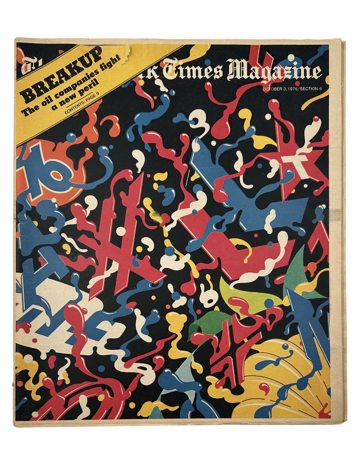 Cover of The New York Times Magazine from October 3, 1976 featuring colorful abstract art and the title 'B.breakup: The oil companies fight a new battle.' The artwork encapsulates the theme of the issue discussing the oil industry.