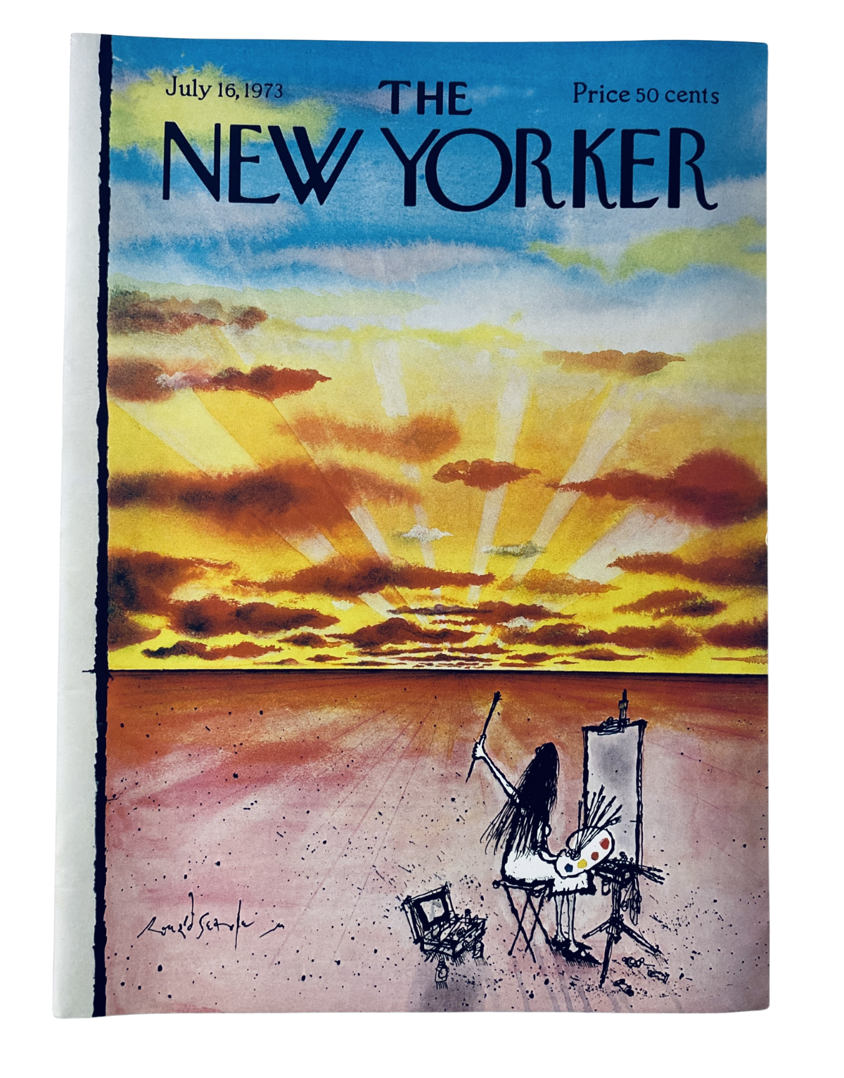 The New Yorker Magazine July 16, 1973 featuring a vibrant sunset painter cover illustration by Ronald Searle, showcasing rich colors and a serene landscape.