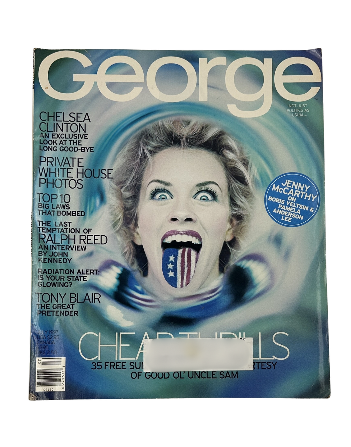 George Magazine July 1997 cover featuring Jenny McCarthy with a striking visual of her face, showcasing patriotic themes with American flag elements.